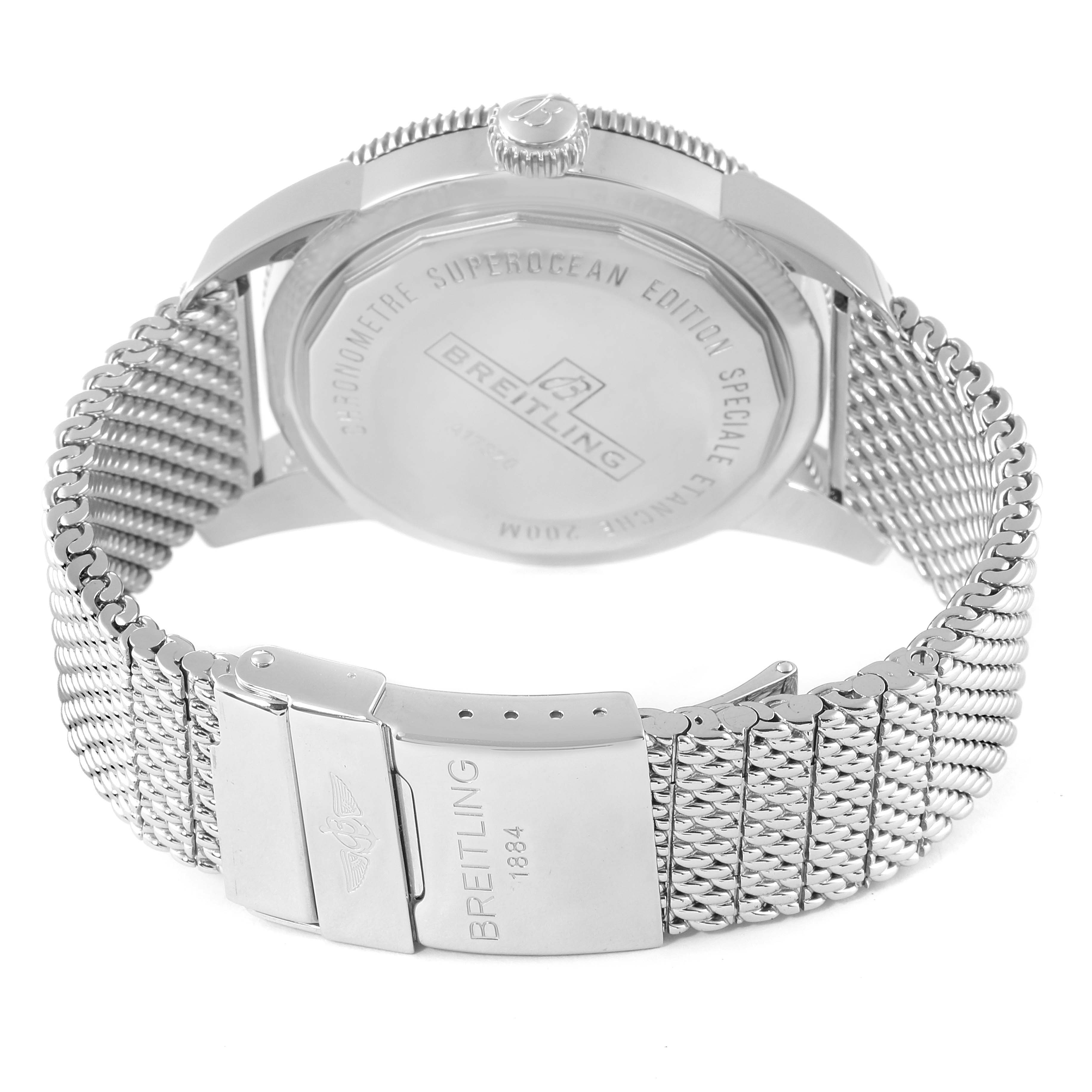 The image shows the back case and metal mesh band of a Breitling Superocean A17320 Men's Stainless Steel Black Dial A17320 Men's Stainless Steel Black Dial watch, emphasizing the clasp and branding.