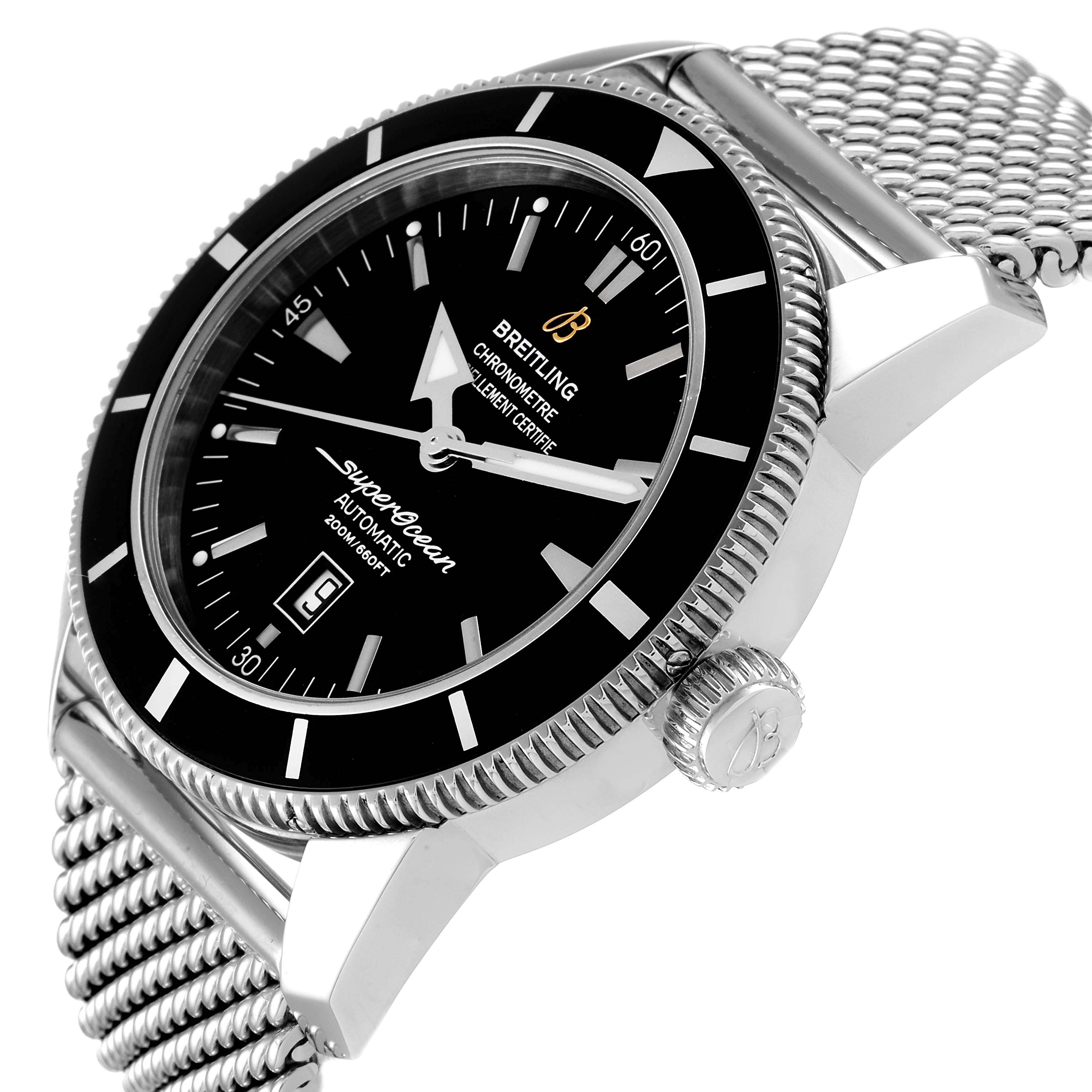 The image shows a close-up side angle of a Breitling Superocean A17320 Men's Stainless Steel Black Dial A17320 Men's Stainless Steel Black Dial watch, highlighting the bezel, crown, dial, and a portion of the bracelet.