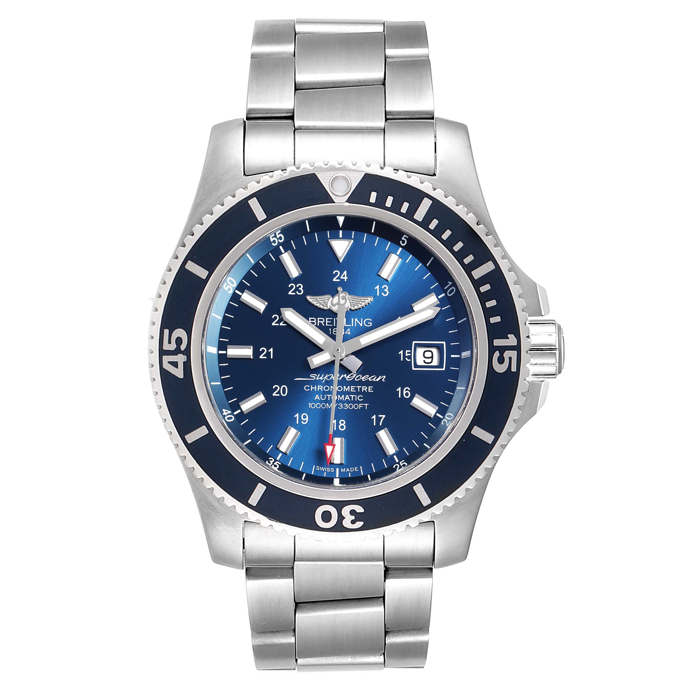 This image shows a frontal view of a Breitling Superocean A17392 Men
s Stainless Steel Blue Dial A17392 Men
s Stainless Steel Blue Dial watch, highlighting its stainless steel bracelet, blue dial, and bezel.