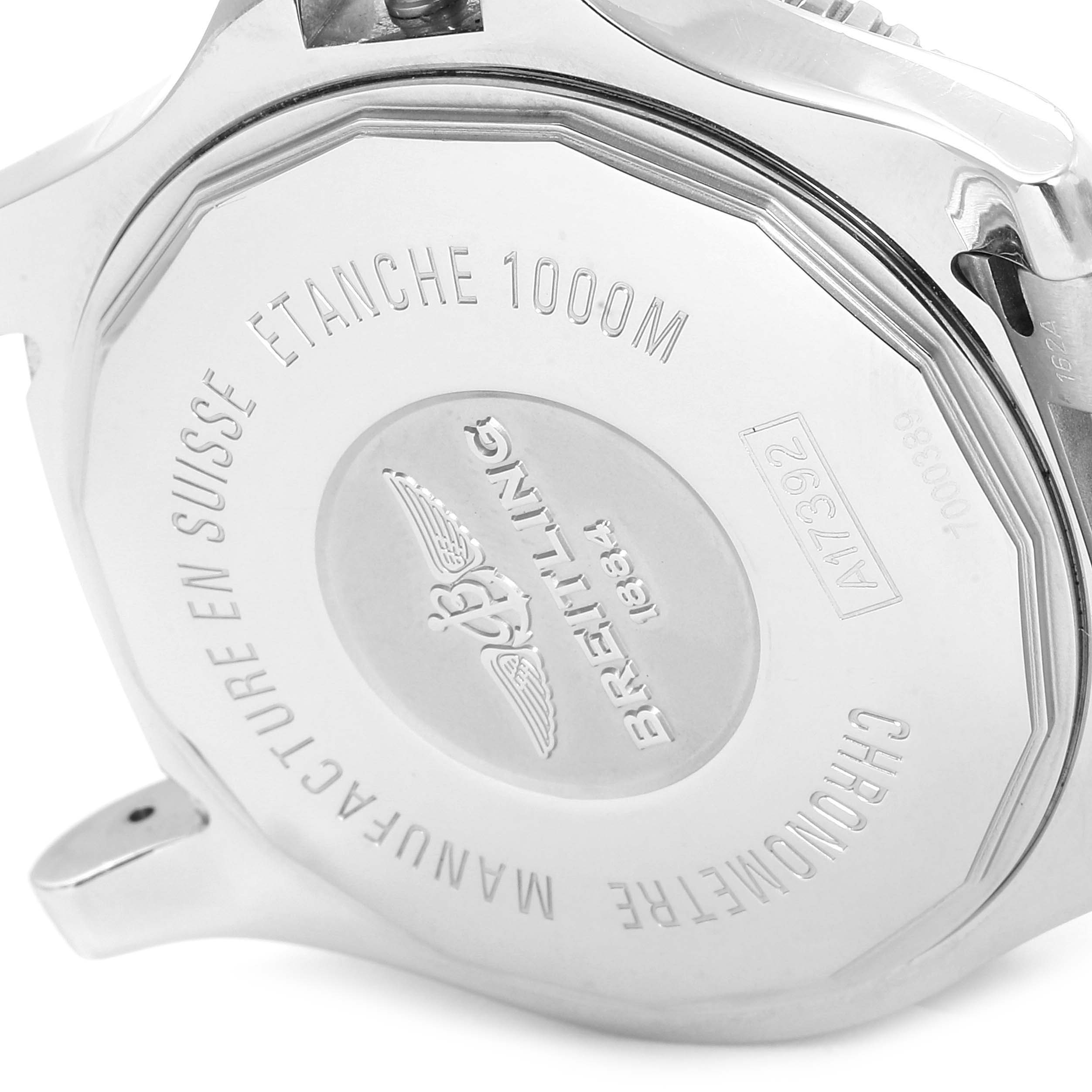 The image shows the case back of a Breitling Superocean A17392 Men
s Stainless Steel Blue Dial A17392 Men
s Stainless Steel Blue Dial watch, highlighting its water resistance and branding details.