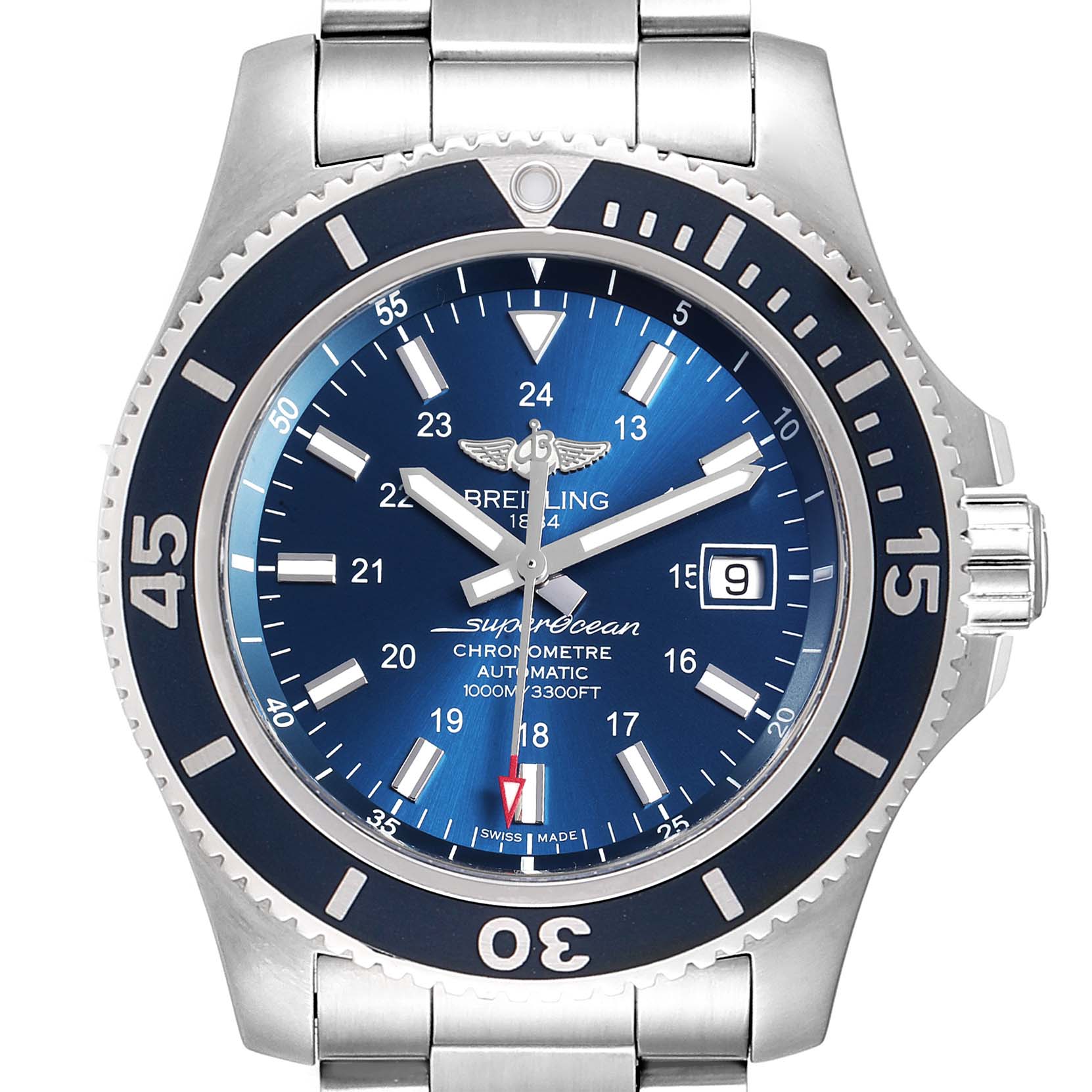 The image shows a front view of the Breitling Superocean A17392 Men
s Stainless Steel Blue Dial A17392 Men
s Stainless Steel Blue Dial watch, featuring its blue dial, date display, and stainless steel bracelet.