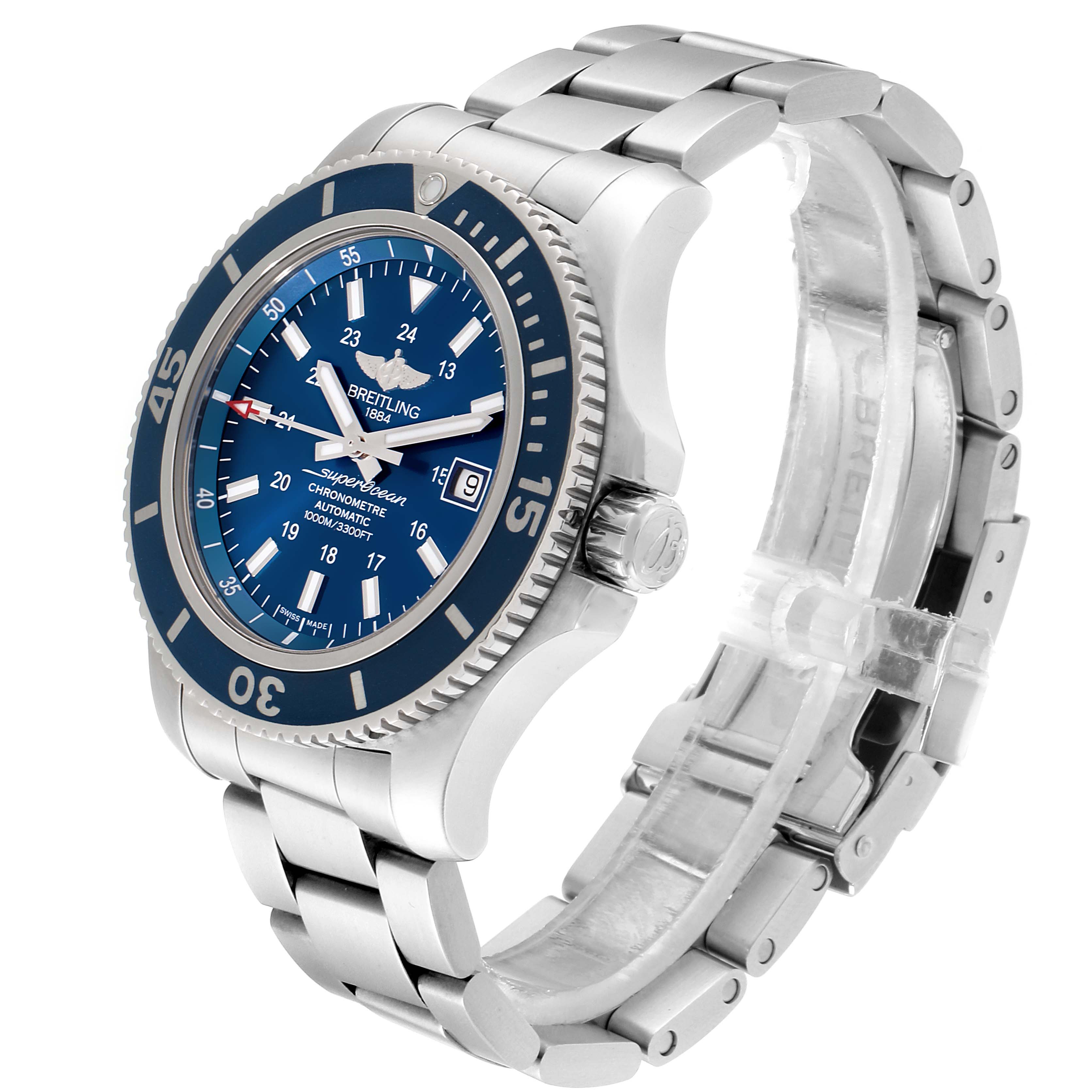 The Breitling Superocean A17392 Men
s Stainless Steel Blue Dial A17392 Men
s Stainless Steel Blue Dial watch is shown at a three-quarter angle, highlighting the blue dial, bezel, and stainless steel bracelet.