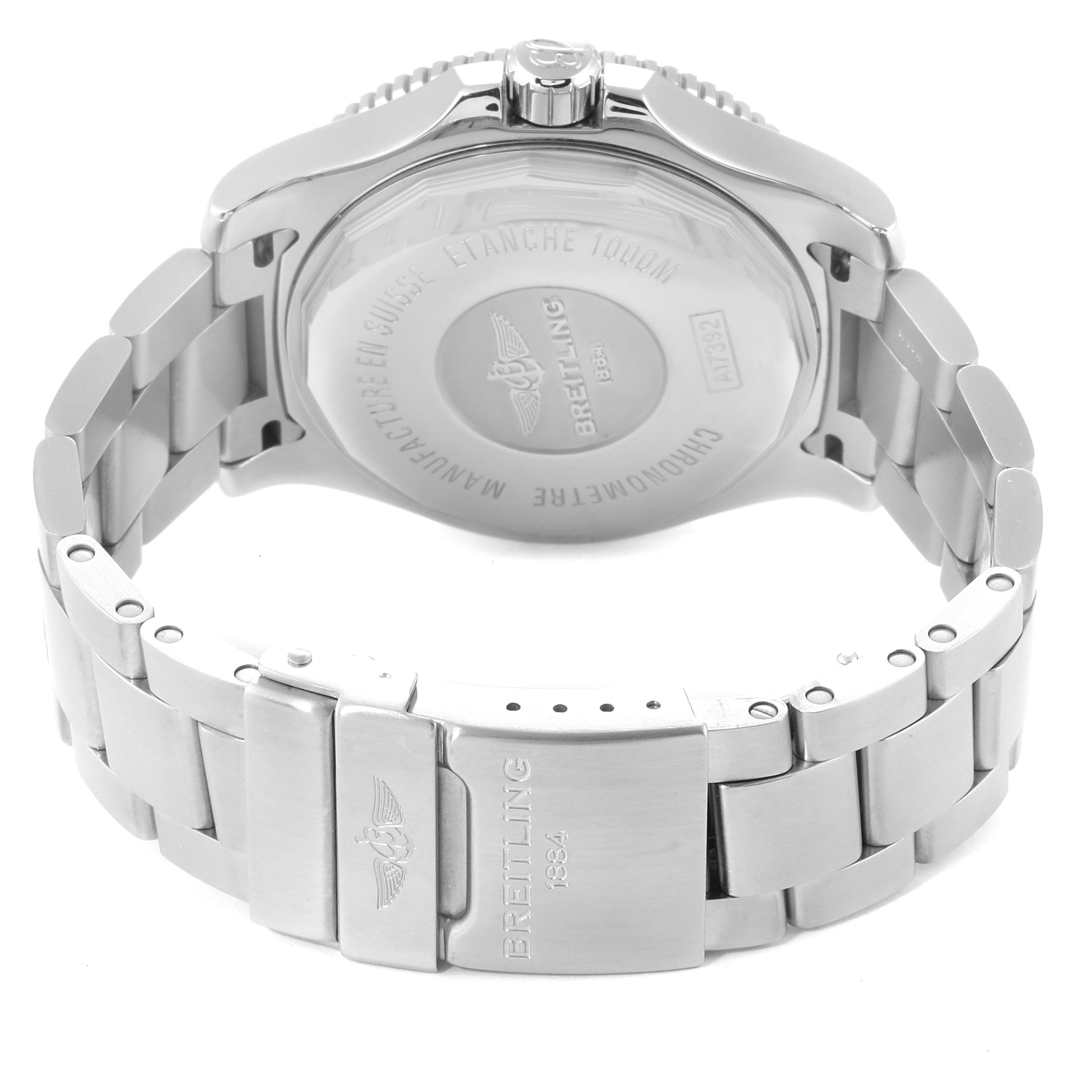 This image shows the back case and metal bracelet of the Breitling Superocean A17392 Men
s Stainless Steel Blue Dial A17392 Men
s Stainless Steel Blue Dial watch from a rear angle.