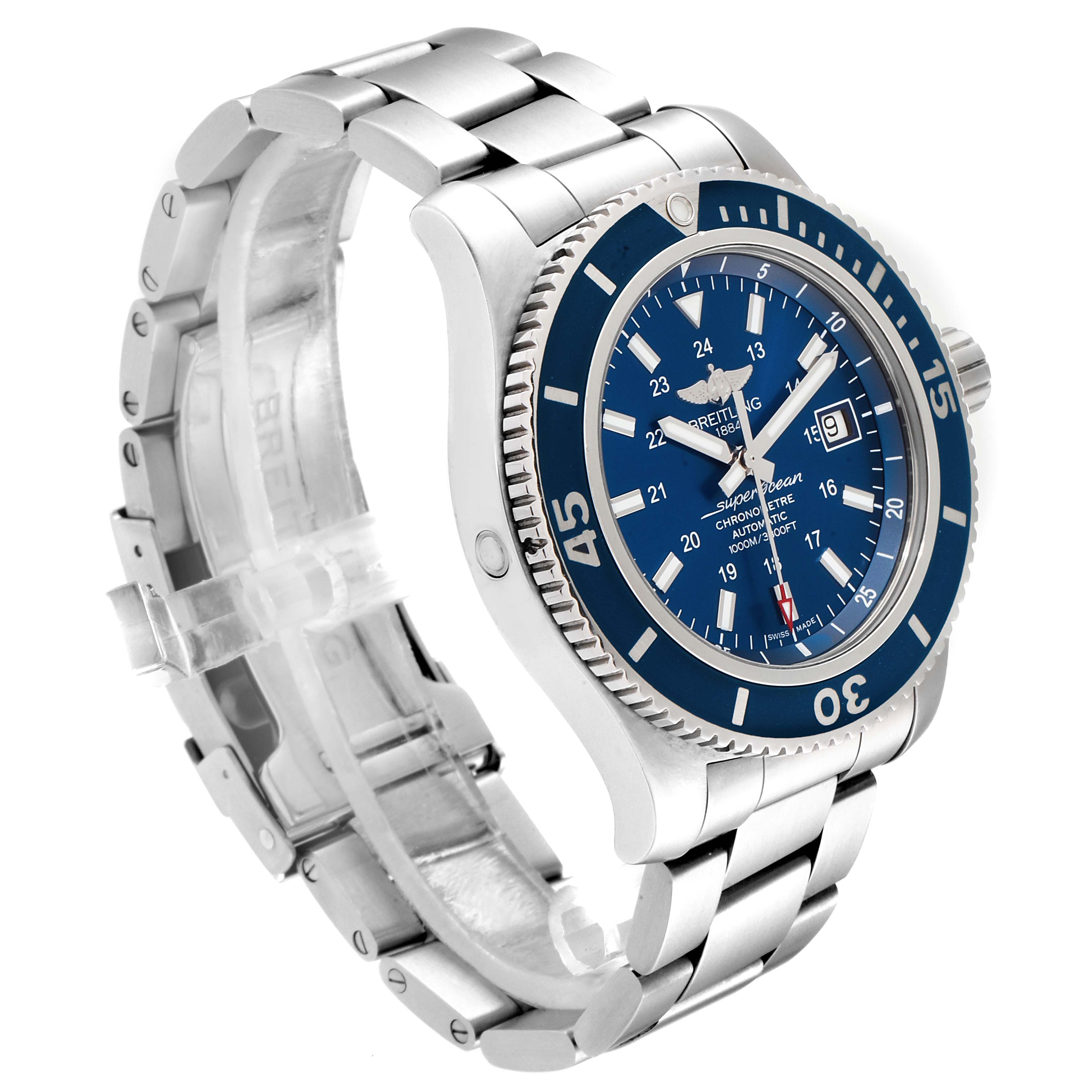 The Breitling Superocean A17392 Men
s Stainless Steel Blue Dial A17392 Men
s Stainless Steel Blue Dial watch is shown from an angled side view, displaying its blue dial, bezel, and silver metal bracelet.