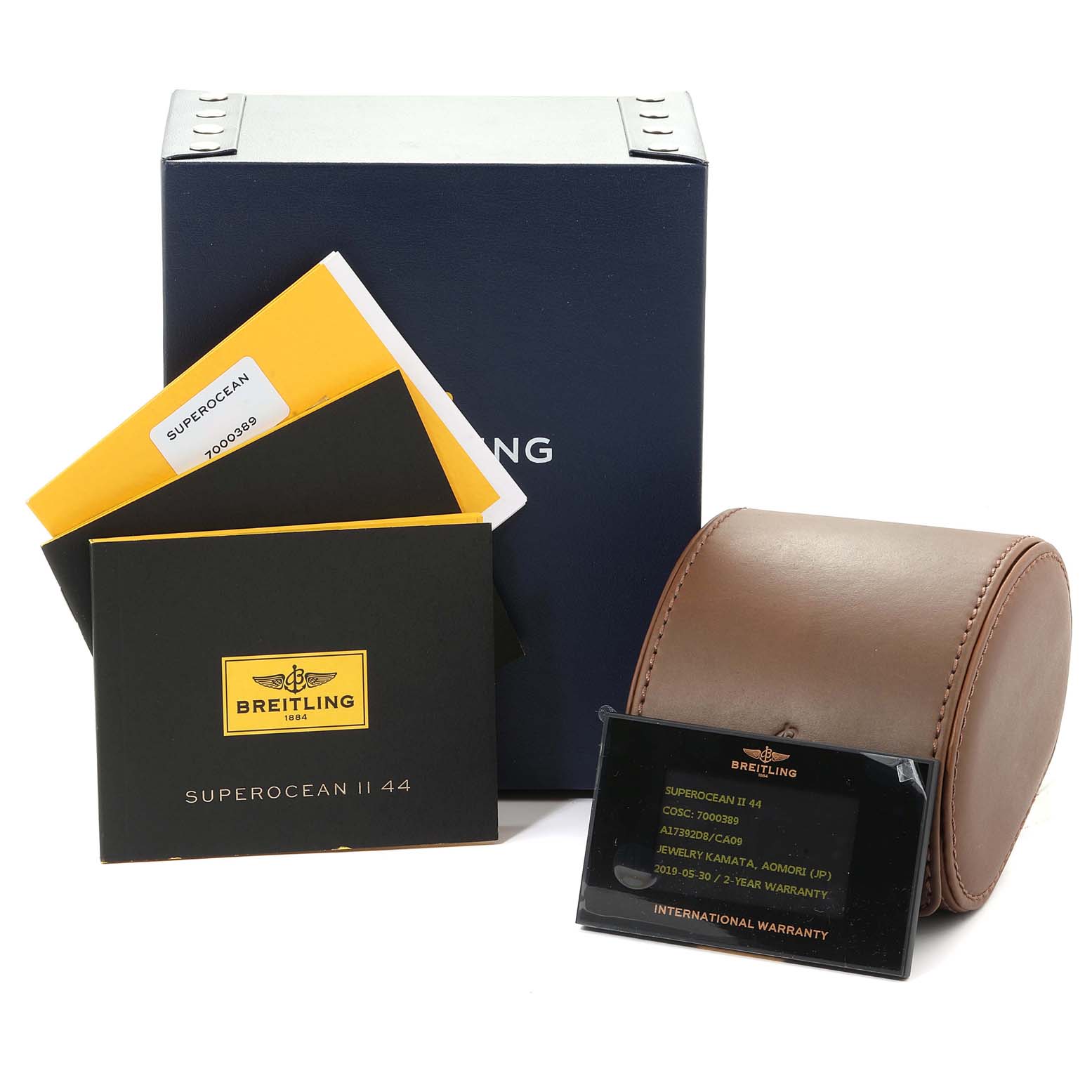 The image shows Breitling Superocean A17392 Men
s Stainless Steel Blue Dial A17392 Men
s Stainless Steel Blue Dial II 44 packaging with a box, manuals, warranty card, and a watch case from a front angle.