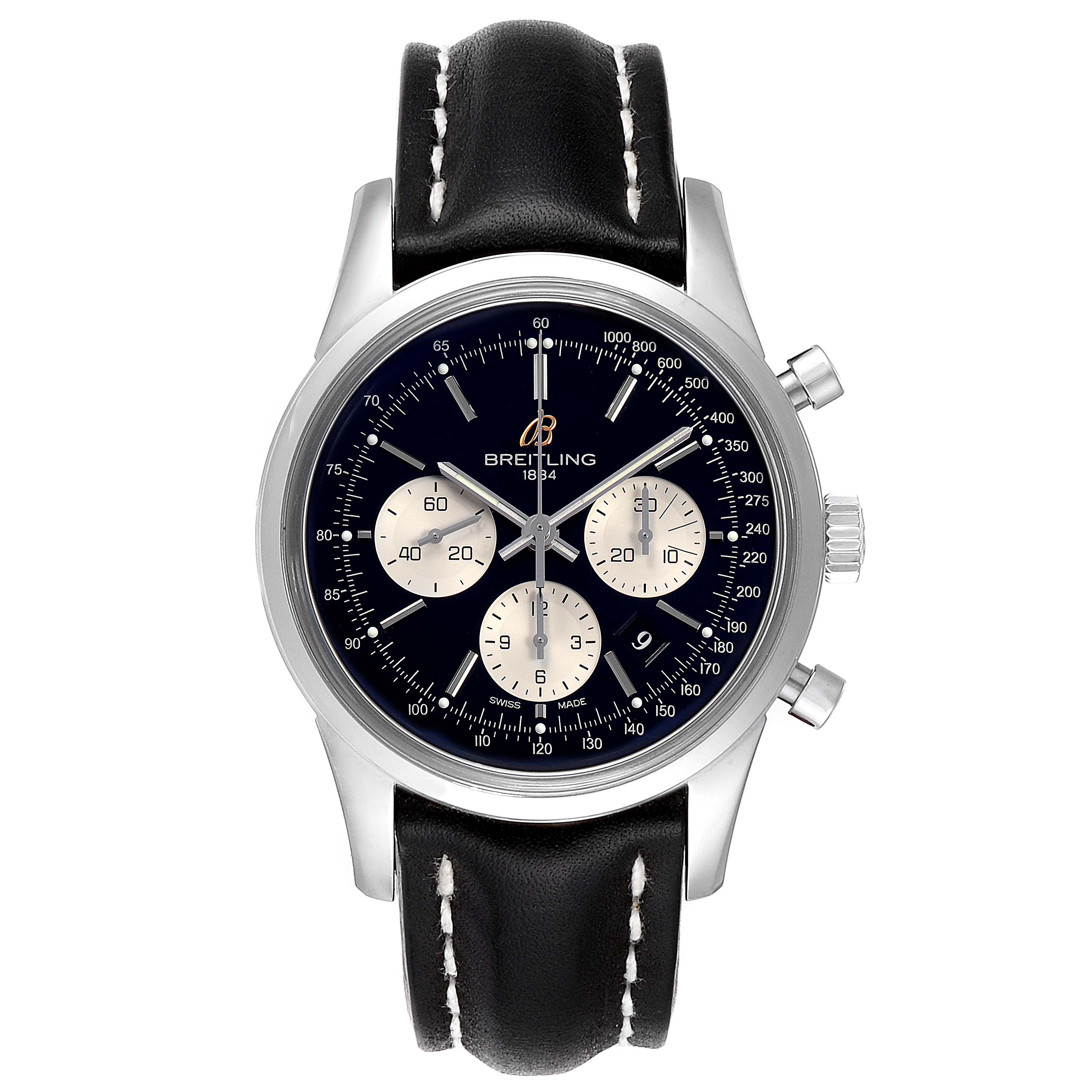 This image shows a front view of the Breitling Transocean AB0151 Men
s Stainless Steel Black Dial AB0151 Men
s Stainless Steel Black Dial watch, featuring its dial, case, and black leather strap.