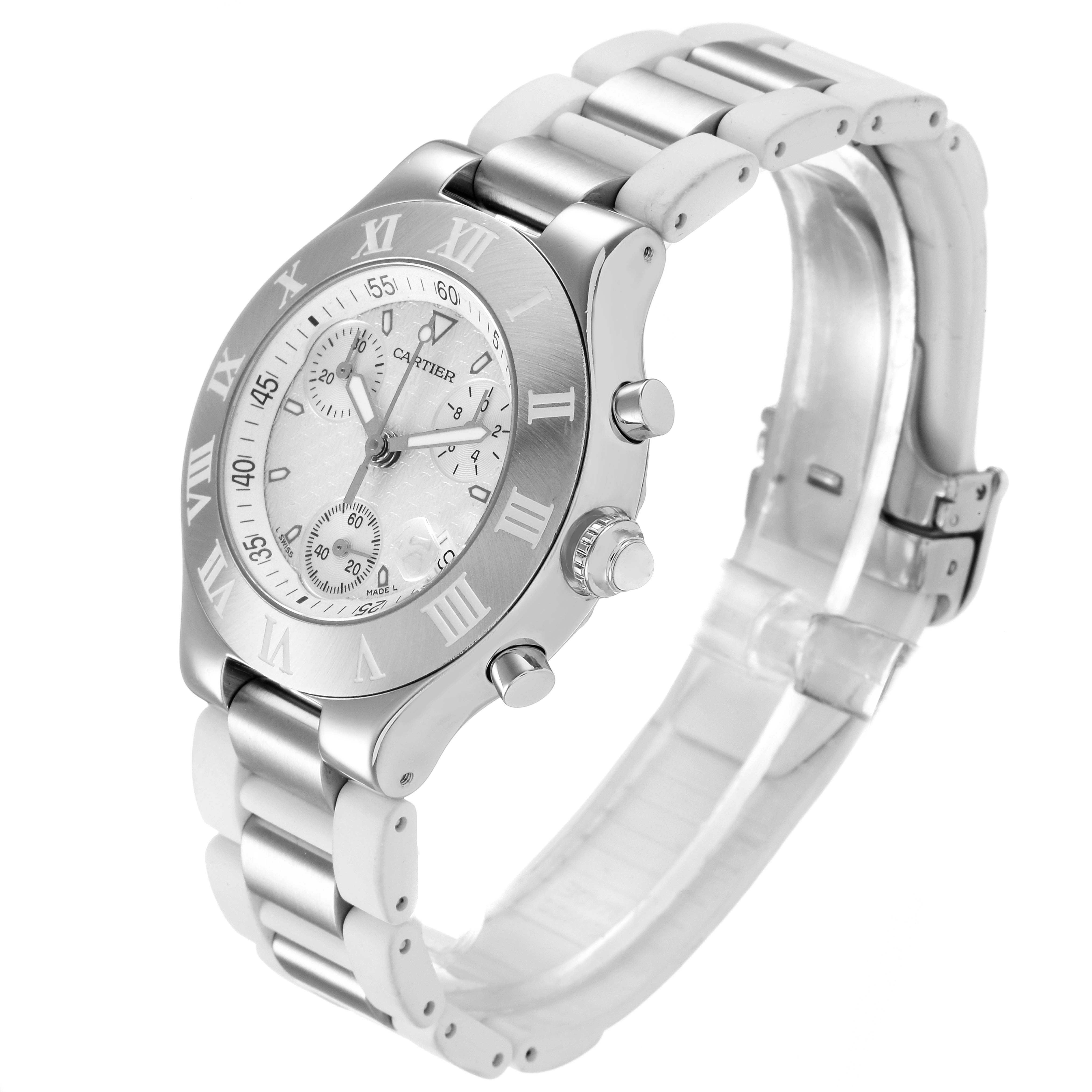The image shows a Cartier Must 21 Chronoscaph W10184U2 Men's Stainless Steel White Dial W10184U2 Men's Stainless Steel White Dial watch at an angle highlighting the face, bezel, and bracelet.