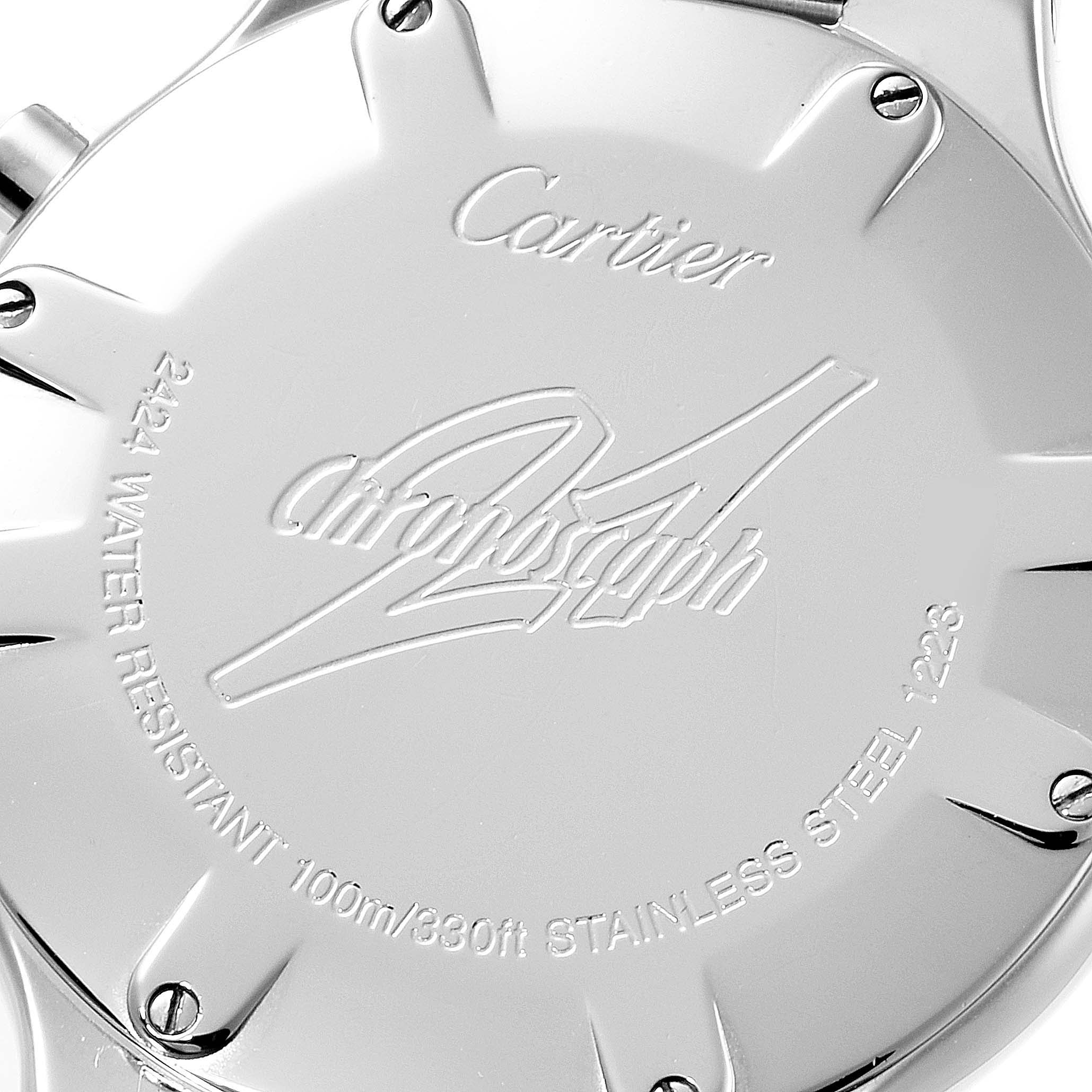 The image shows the back case of a Cartier Must 21 Chronoscaph W10184U2 Men's Stainless Steel White Dial W10184U2 Men's Stainless Steel White Dial watch, highlighting the branding and water resistance details.