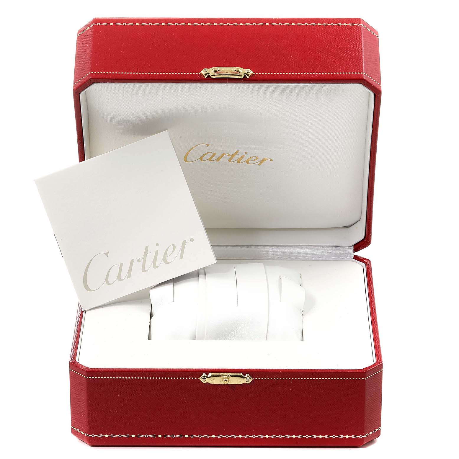 The image shows the Cartier Must 21 Chronoscaph W10184U2 Men's Stainless Steel White Dial W10184U2 Men's Stainless Steel White Dial watch packaging, including a red box and a white card with the Cartier logo.