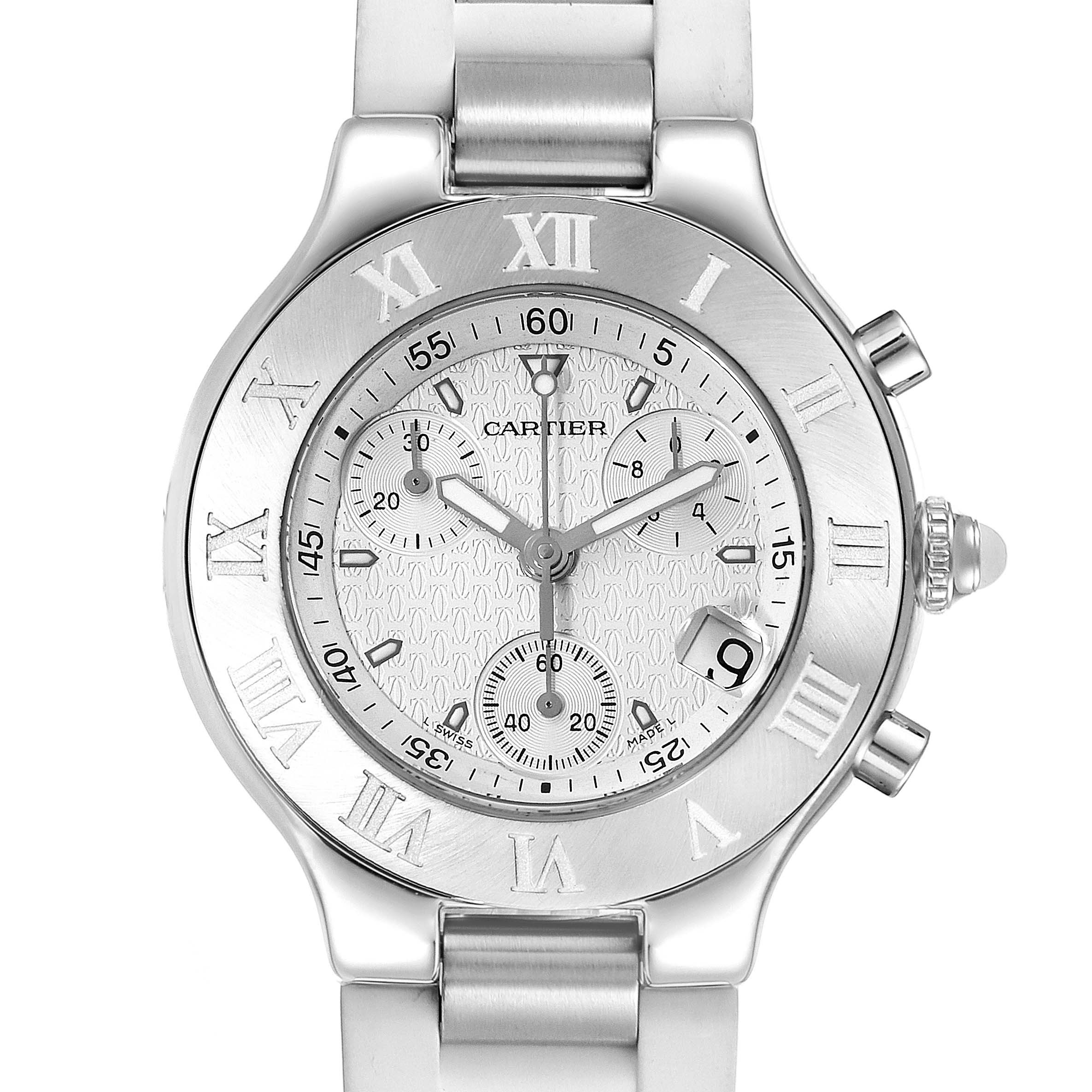 This is a front view of a Cartier Must 21 Chronoscaph W10184U2 Men's Stainless Steel White Dial W10184U2 Men's Stainless Steel White Dial watch, showcasing its dial, bezel, and chronograph subdials.