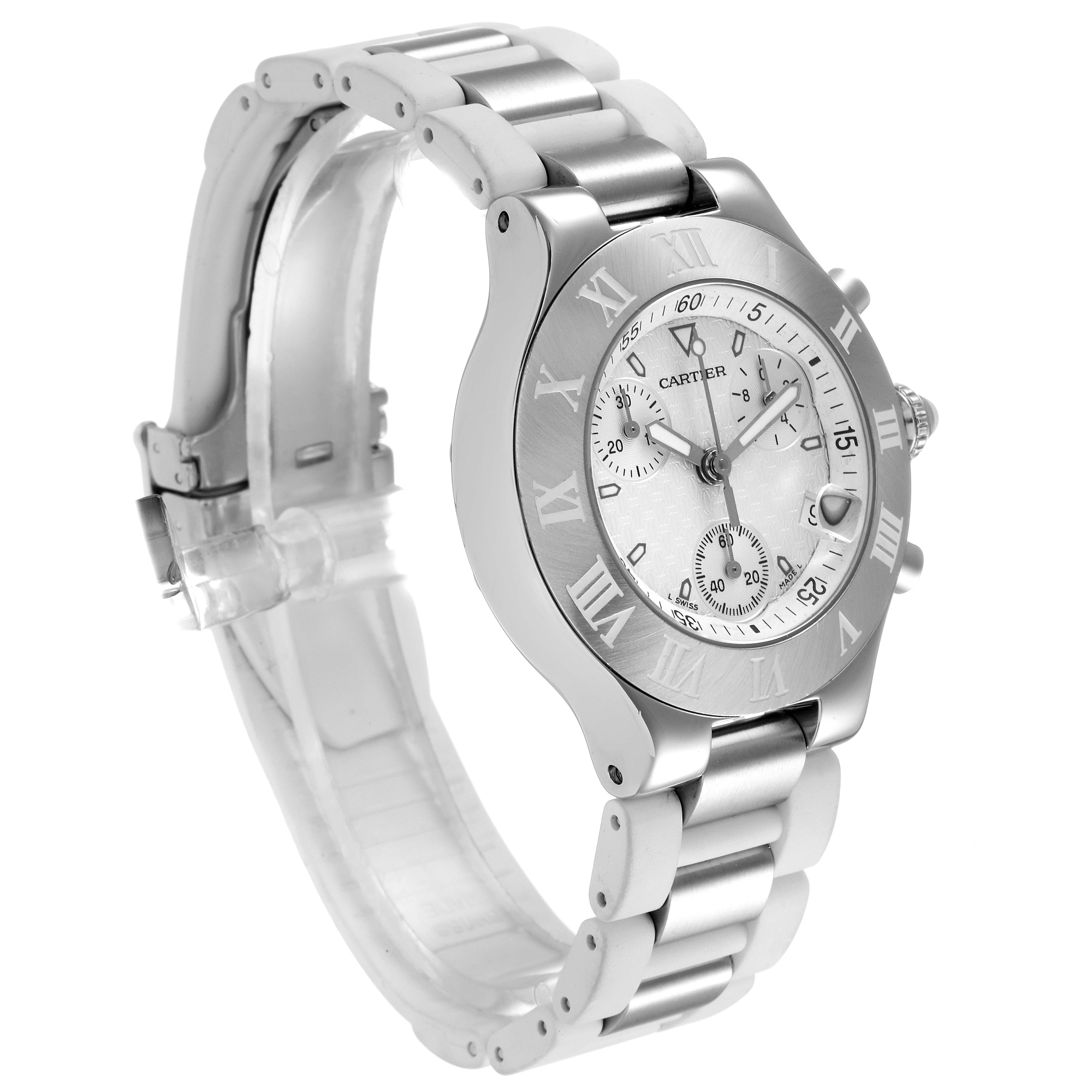 The image shows a side and front angle of the Cartier Must 21 Chronoscaph W10184U2 Men's Stainless Steel White Dial W10184U2 Men's Stainless Steel White Dial watch, displaying its bracelet and bezel.