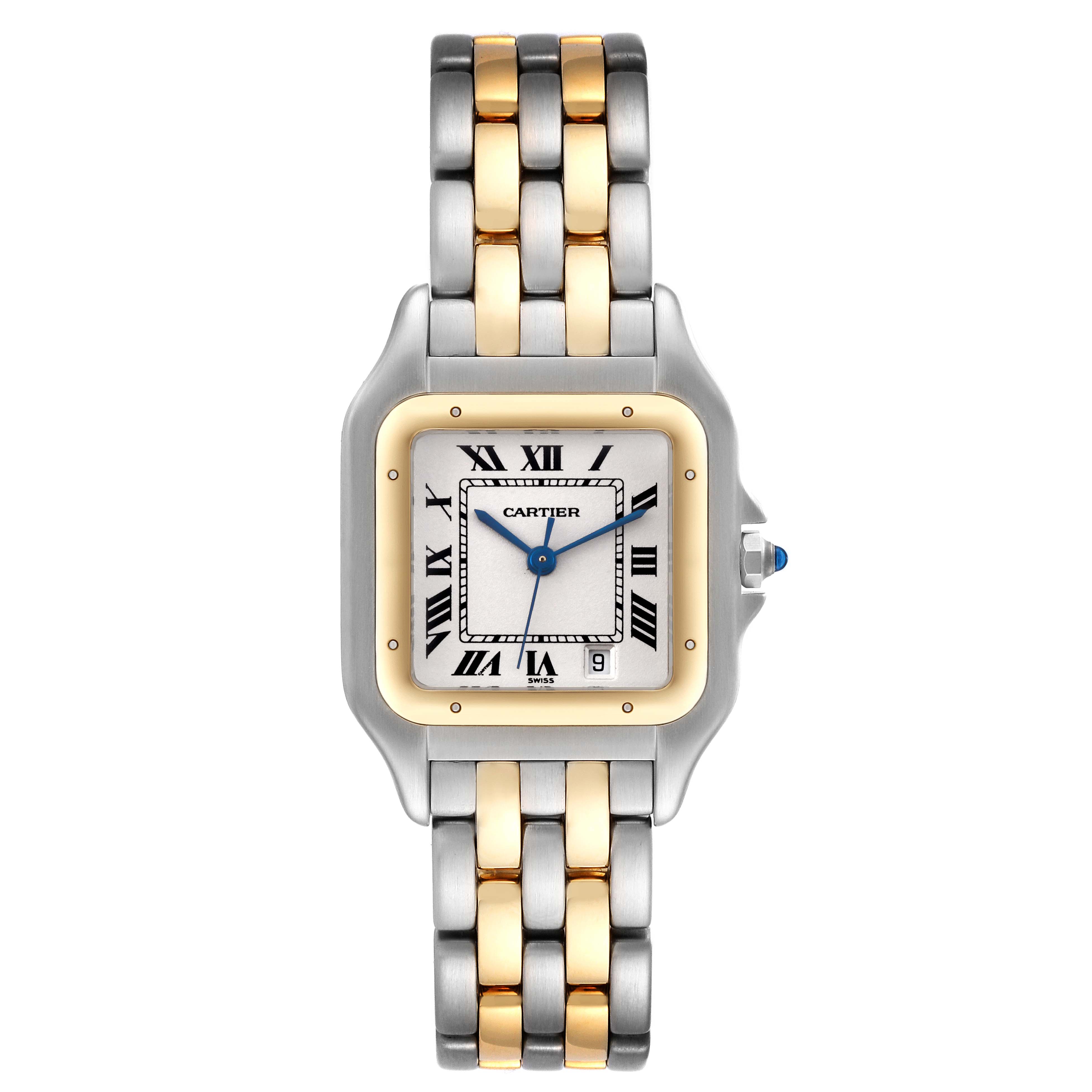This image shows a front view of the Panthere de Cartier watch, displaying its dual-tone bracelet and square face.