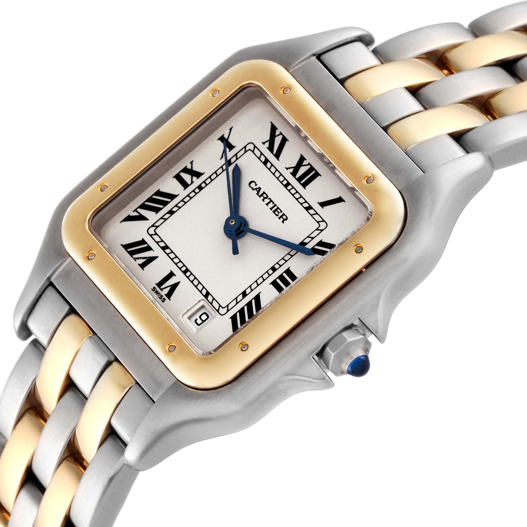 This image shows a close-up angled view of the face and part of the strap of a Cartier Panthere W25028B8 Women's Steel and Gold (two tone) Silver Dial W25028B8 Women's Steel and Gold (two tone) Silver Dial watch.