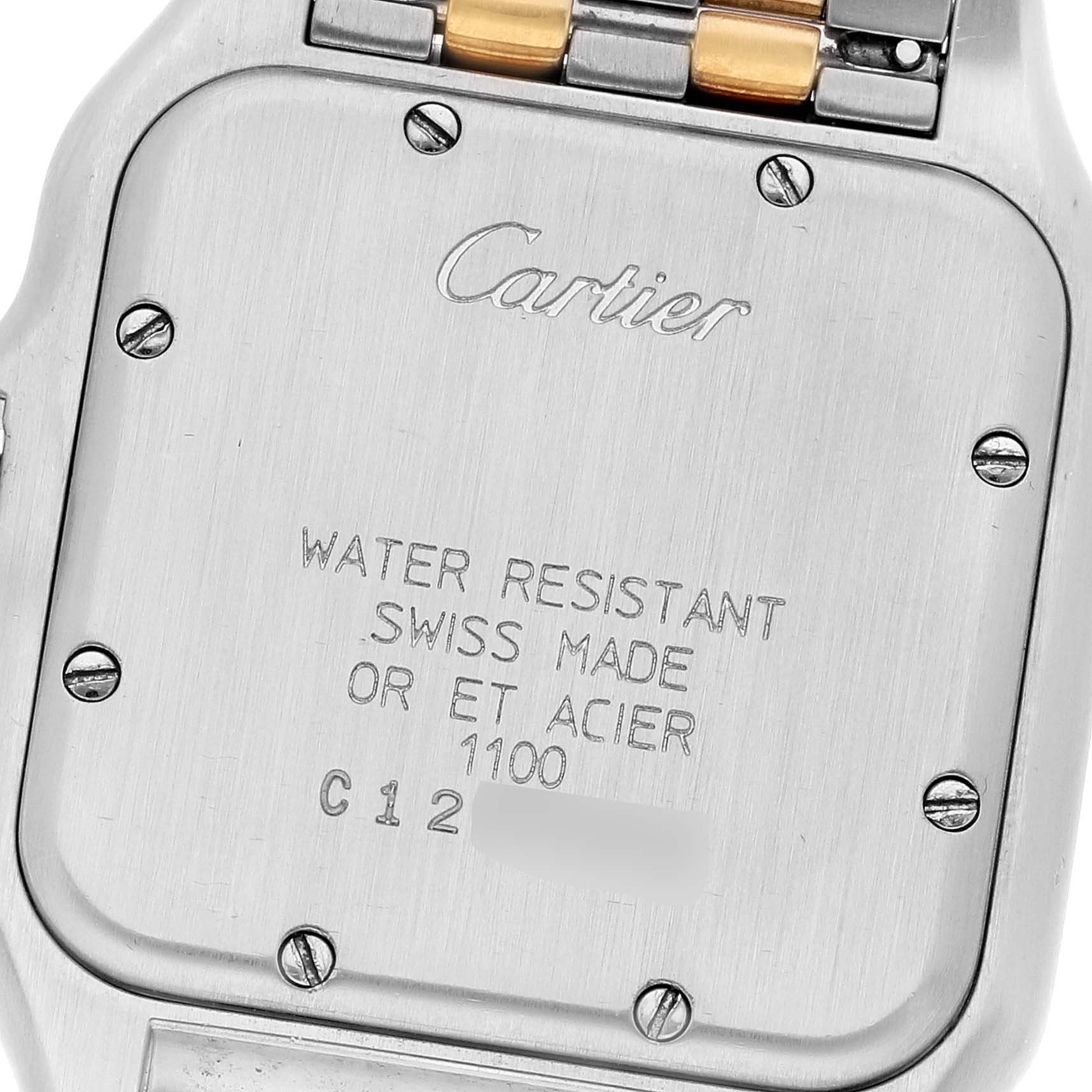 This image shows the back case of a Panthere model by Cartier, highlighting its water resistance and Swiss-made details.