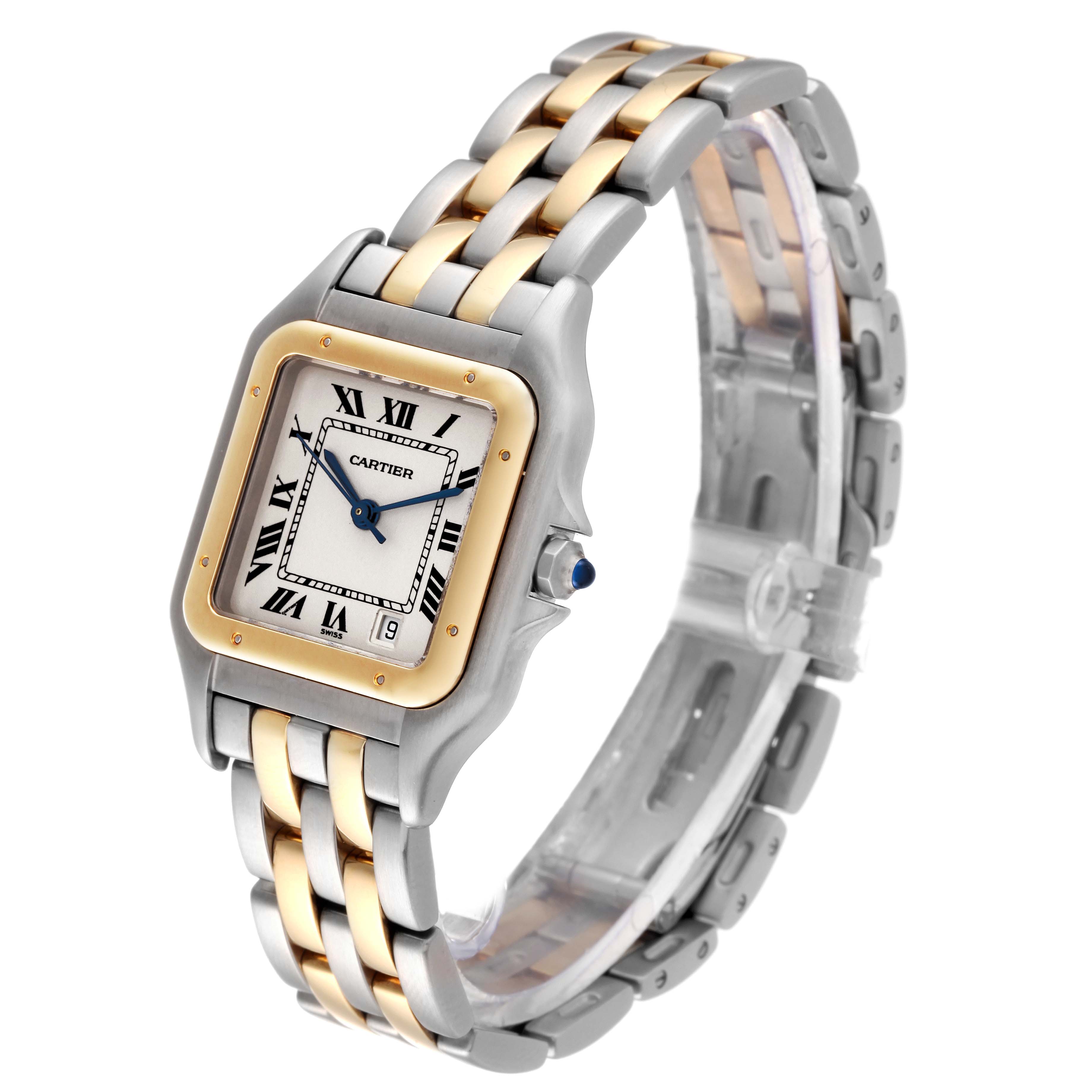 The Cartier Panthere W25028B8 Women's Steel and Gold (two tone) Silver Dial W25028B8 Women's Steel and Gold (two tone) Silver Dial model watch is shown at a three-quarter angle, highlighting its square face, two-tone bracelet, and Roman numeral dial.