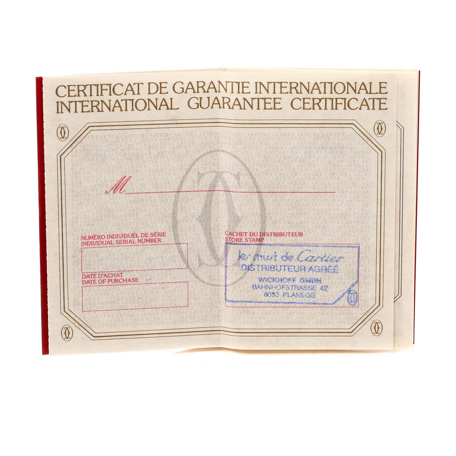 The image shows the international guarantee certificate for the Cartier Panthere W25028B8 Women's Steel and Gold (two tone) Silver Dial W25028B8 Women's Steel and Gold (two tone) Silver Dial model watch.