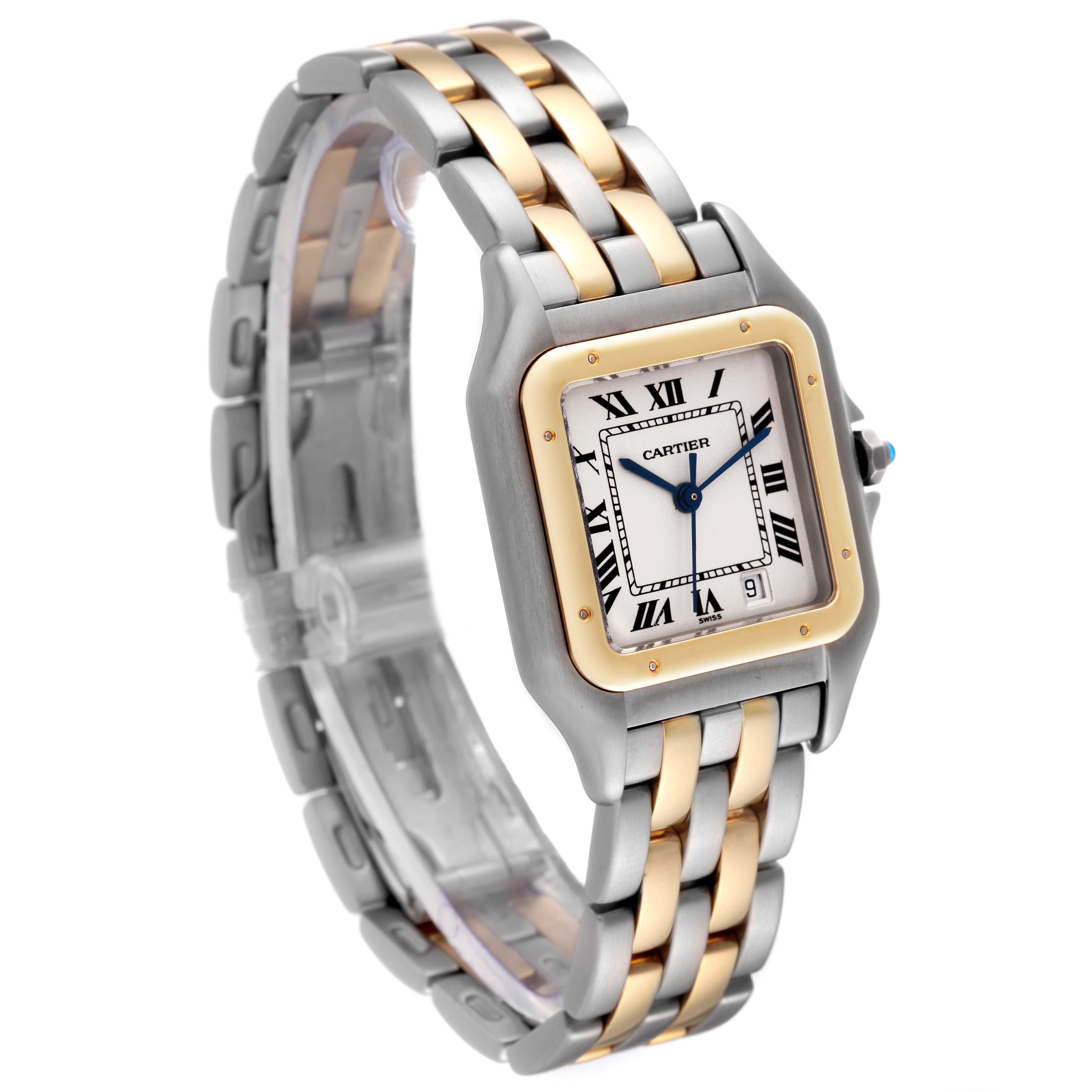 The image shows a Cartier Panthere W25028B8 Women's Steel and Gold (two tone) Silver Dial W25028B8 Women's Steel and Gold (two tone) Silver Dial watch from a 3/4 angle, highlighting its two-tone bracelet and square dial with Roman numerals.
