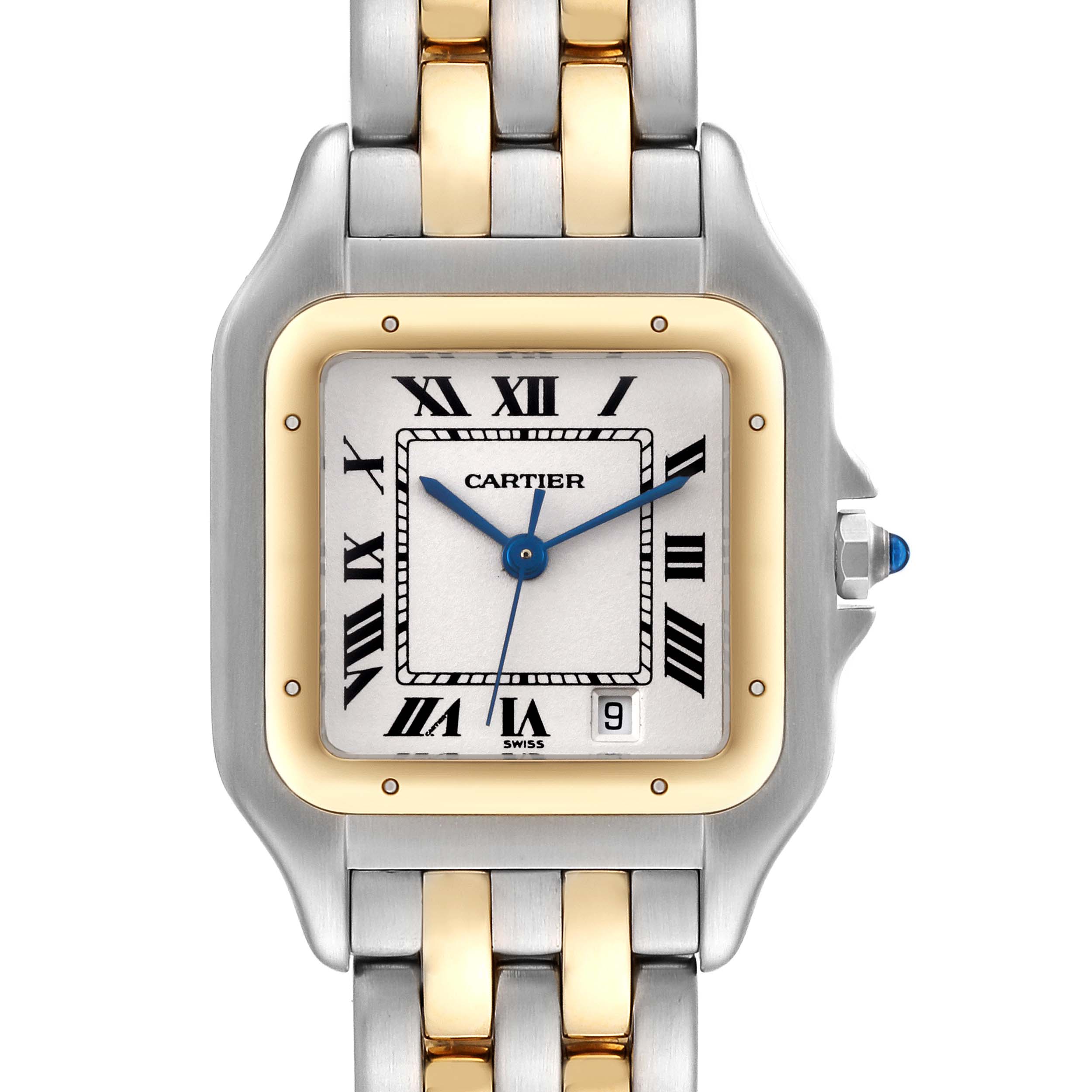 The Cartier Panthere W25028B8 Women's Steel and Gold (two tone) Silver Dial W25028B8 Women's Steel and Gold (two tone) Silver Dial model watch is shown from the front, displaying its face, bezel, and part of the bracelet.