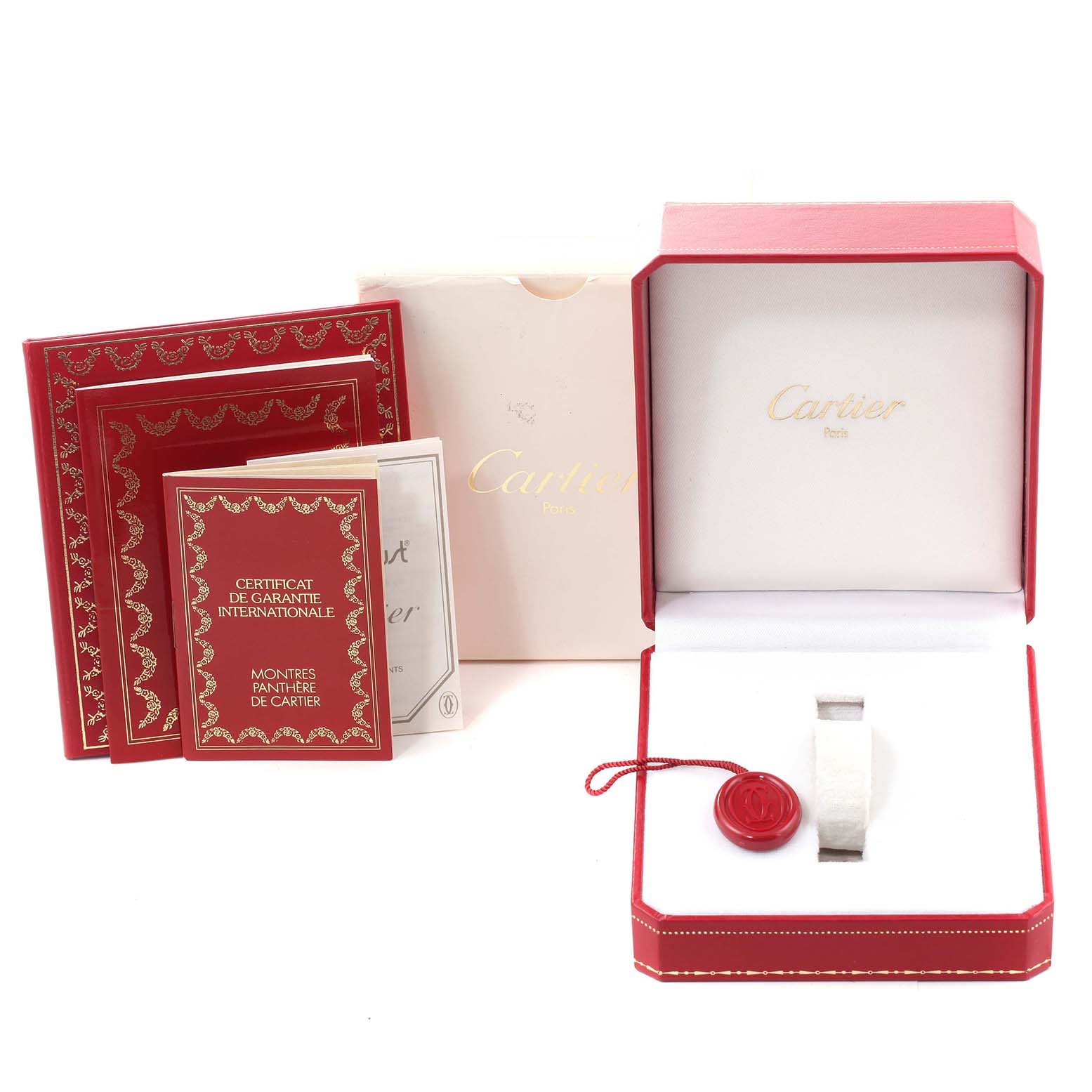 The image shows the packaging, warranty cards, and accessories for a Cartier Panthere W25028B8 Women's Steel and Gold (two tone) Silver Dial W25028B8 Women's Steel and Gold (two tone) Silver Dial model watch.