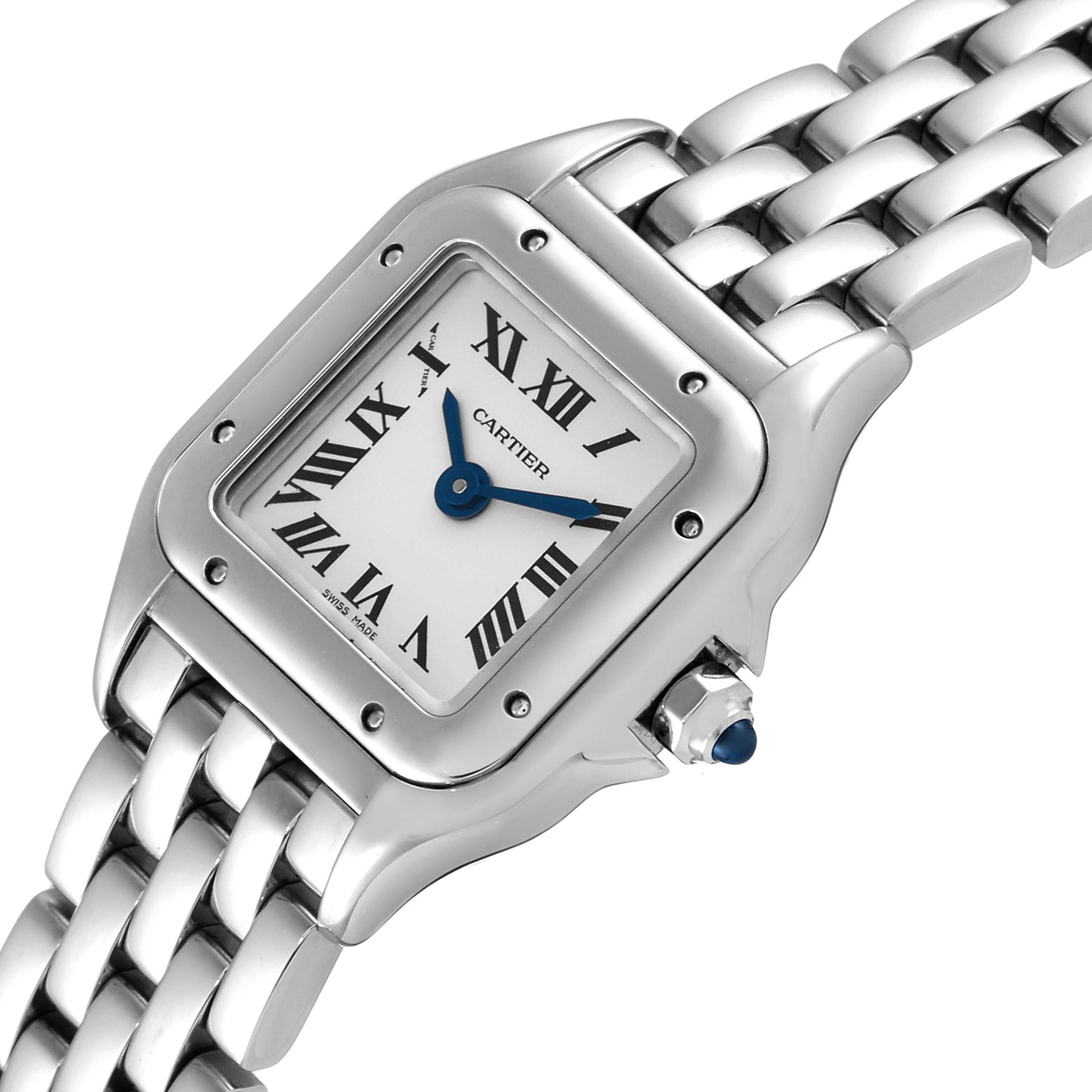 The image shows a Cartier Panthere WSPN0019 Women's Stainless Steel Silver Dial WSPN0019 Women's Stainless Steel Silver Dial watch at an angle highlighting the face, bezel, crown, and part of the bracelet.