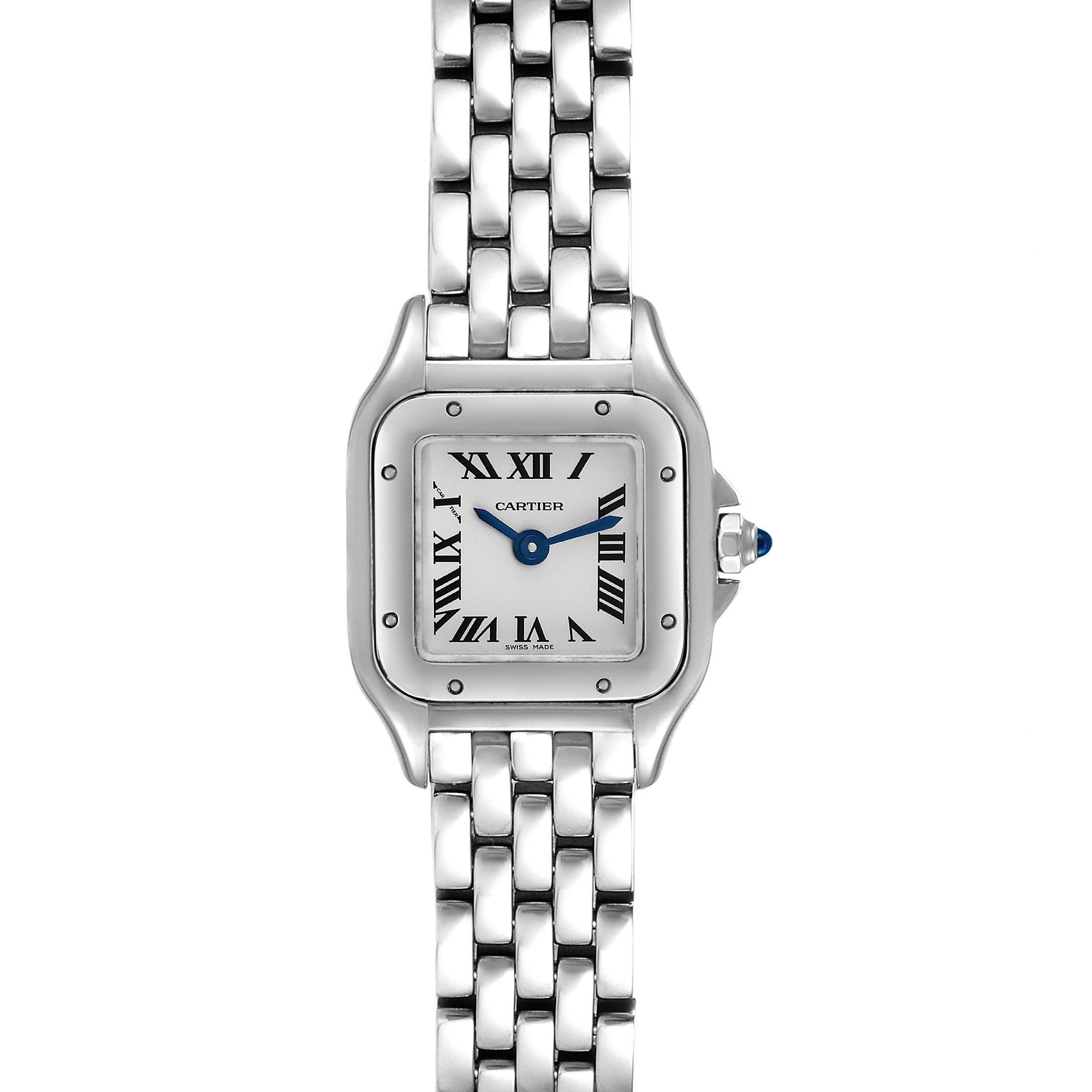 The image shows a frontal view of the Cartier Panthere WSPN0019 Women's Stainless Steel Silver Dial WSPN0019 Women's Stainless Steel Silver Dial model, displaying its face, Roman numeral markers, and stainless steel bracelet.