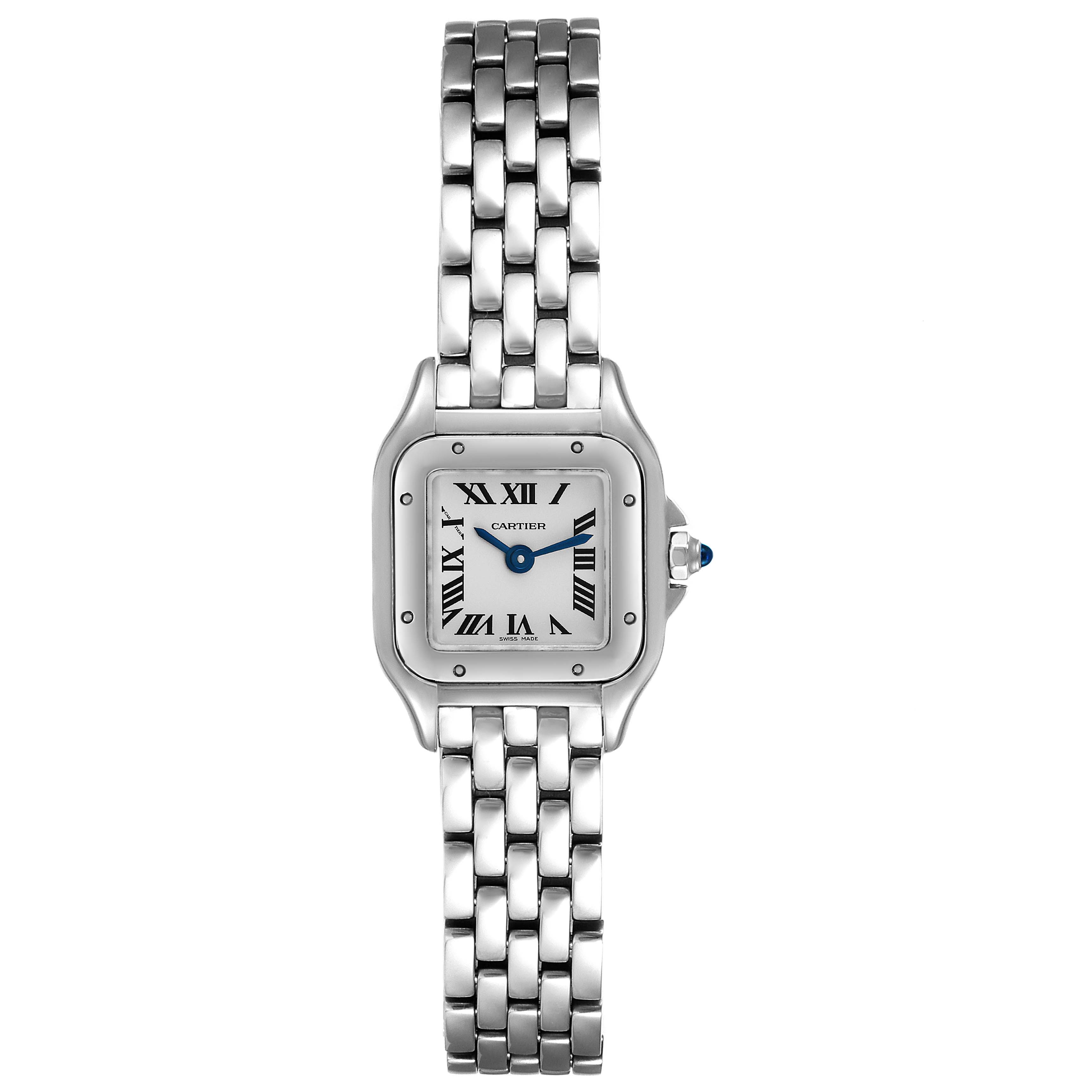 The image shows a front view of the Cartier Panthere WSPN0019 Women's Stainless Steel Silver Dial WSPN0019 Women's Stainless Steel Silver Dial watch, highlighting its face and metal bracelet.