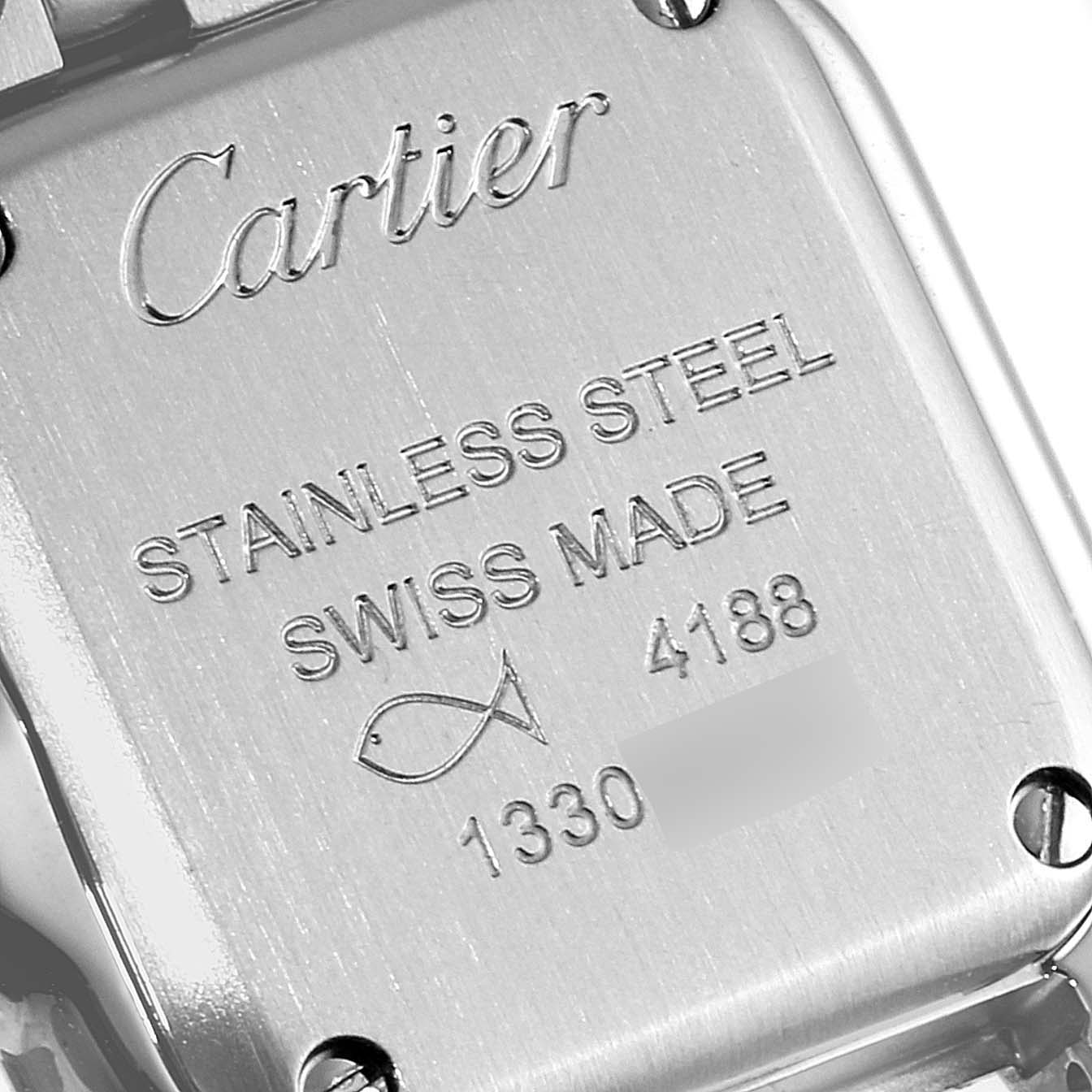 The image shows the back of the Cartier Panthere WSPN0019 Women's Stainless Steel Silver Dial WSPN0019 Women's Stainless Steel Silver Dial watch, highlighting the brand engraving and material details.