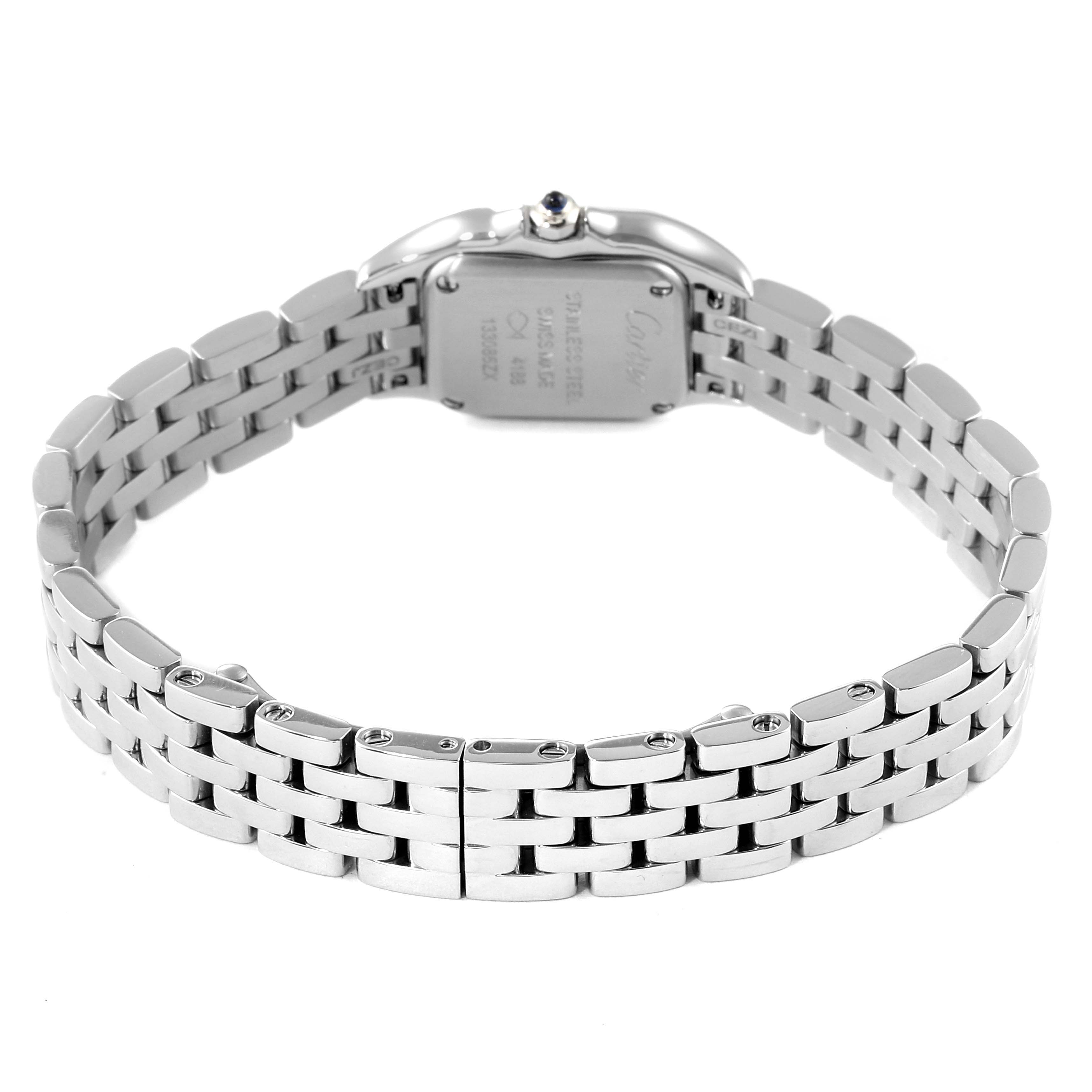 This image shows the back view of the Cartier Panthere WSPN0019 Women's Stainless Steel Silver Dial WSPN0019 Women's Stainless Steel Silver Dial model watch, highlighting its stainless steel bracelet and case back.