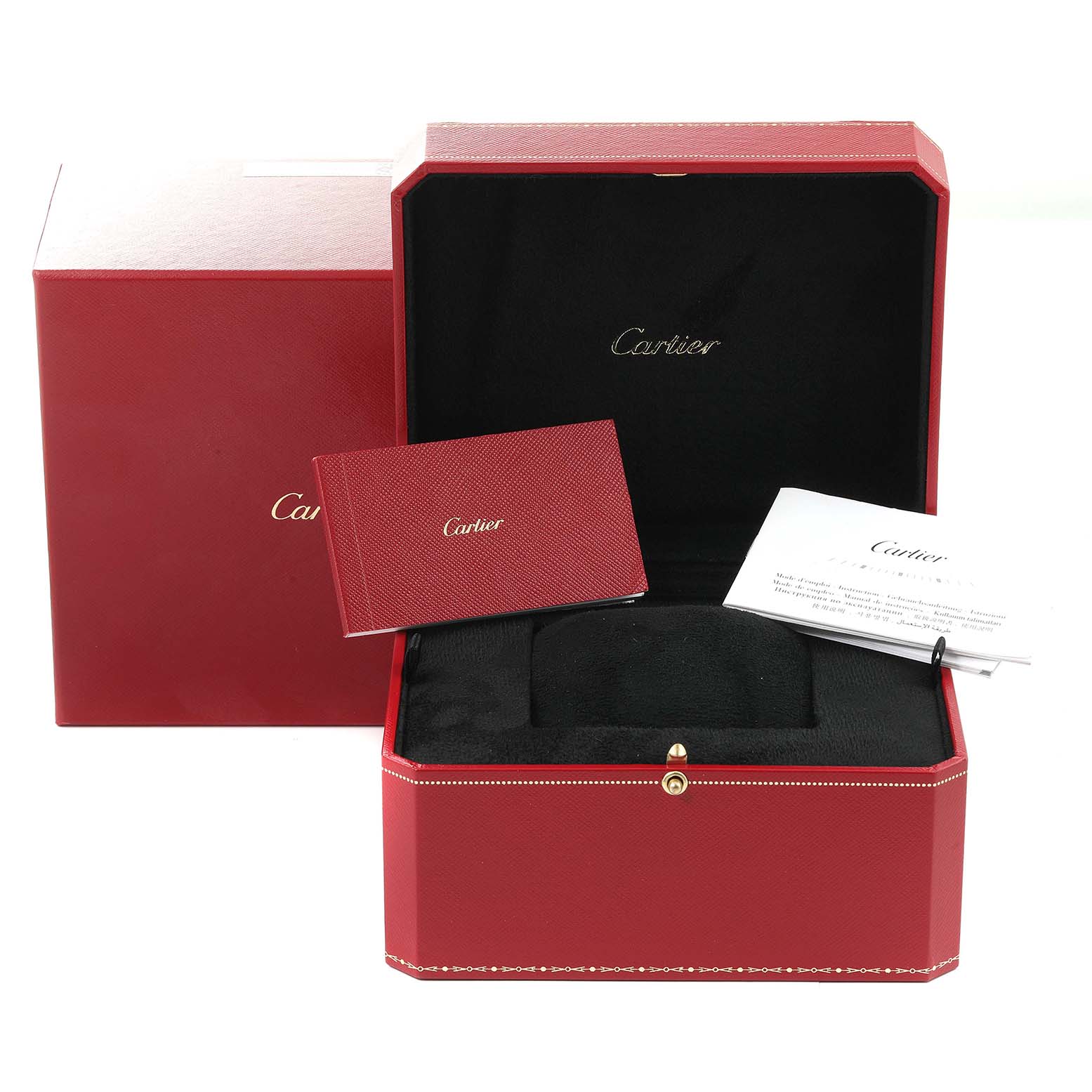 This image shows the packaging, an open box, and documentation for the Panthere model by Cartier.