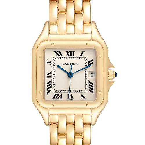 The Cartier Panthere watch is shown from the front, highlighting the dial, hands, bezel, and part of the bracelet.