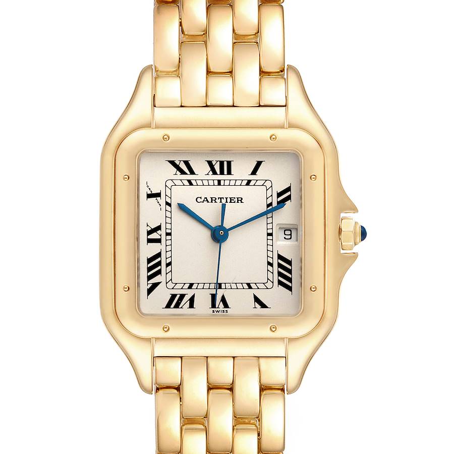The Cartier Panthere watch is shown from the front, displaying the dial, Roman numerals, hands, date, and part of the bracelet.