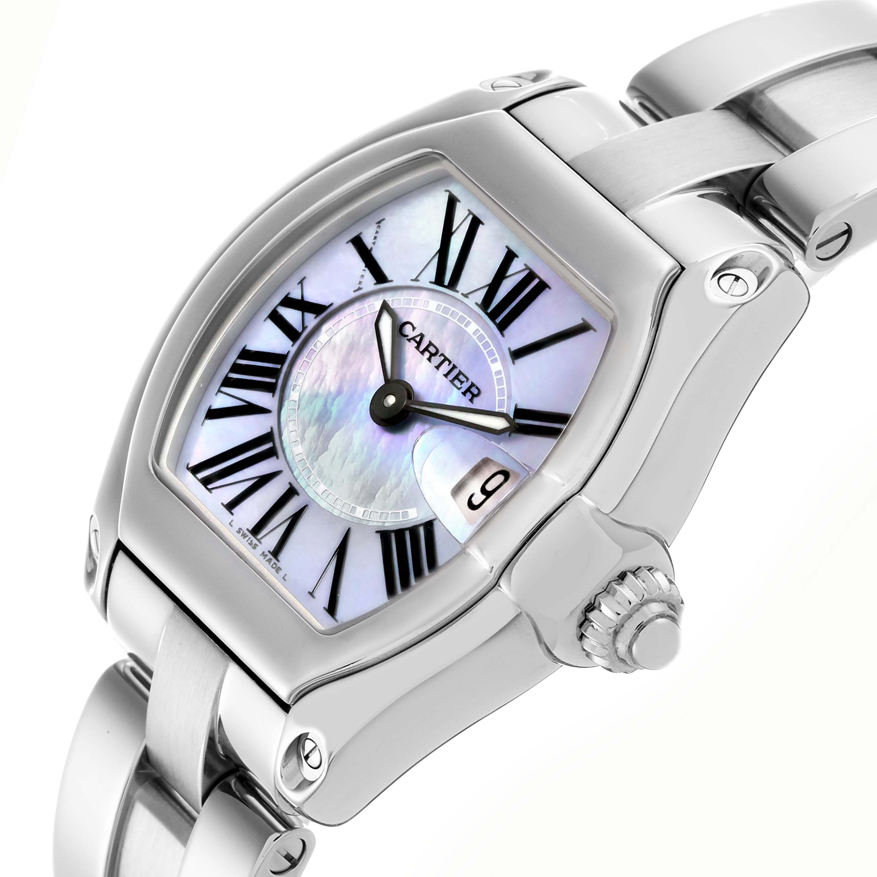 The Cartier Roadster W6206007 Women
s Stainless Steel Mother of Pearl Dial W6206007 Women
s Stainless Steel Mother of Pearl Dial watch is shown at an angle highlighting the dial, crown, and metal bracelet.