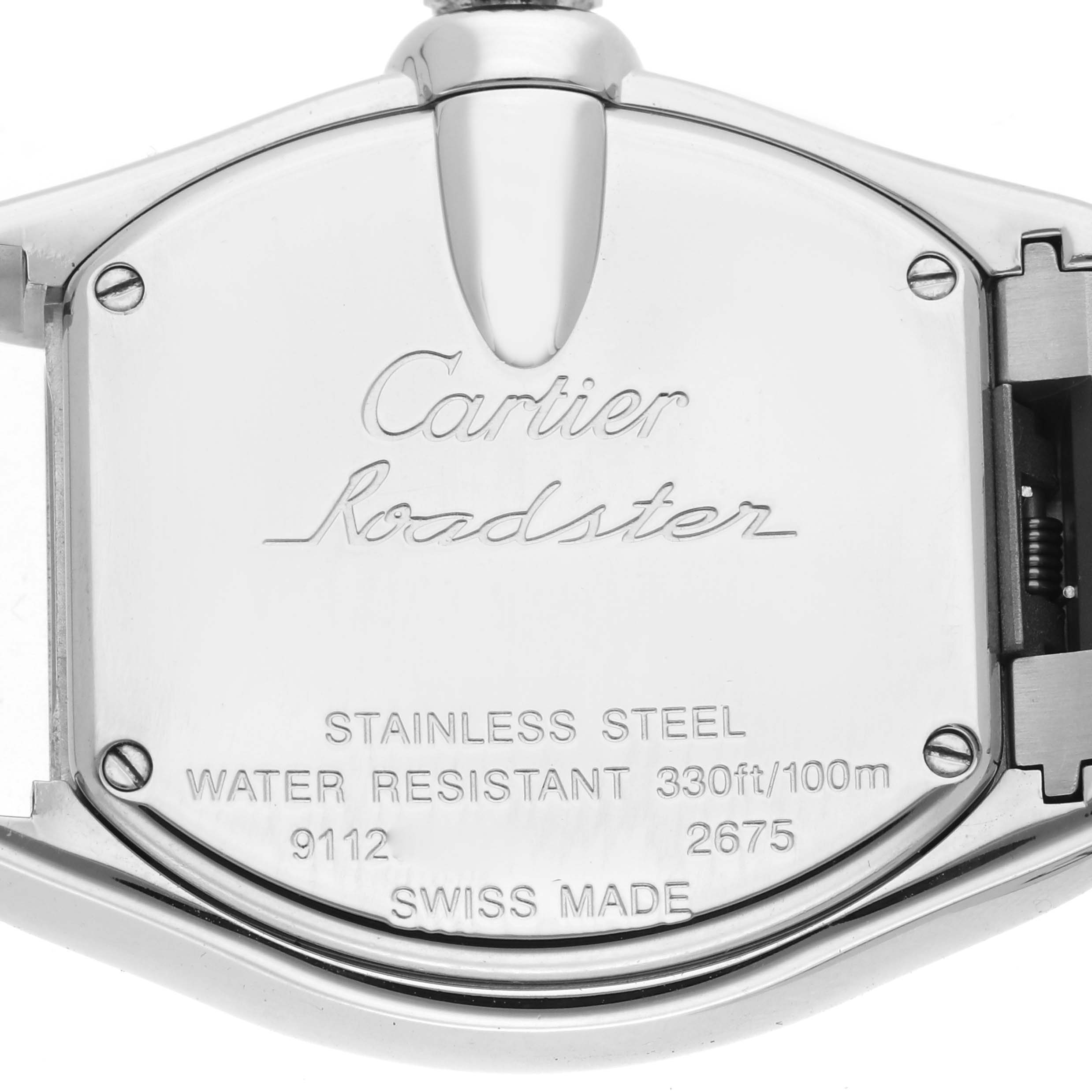 The image shows the engraved case back of a Cartier Roadster W6206007 Women
s Stainless Steel Mother of Pearl Dial W6206007 Women
s Stainless Steel Mother of Pearl Dial watch with details like water resistance and material.