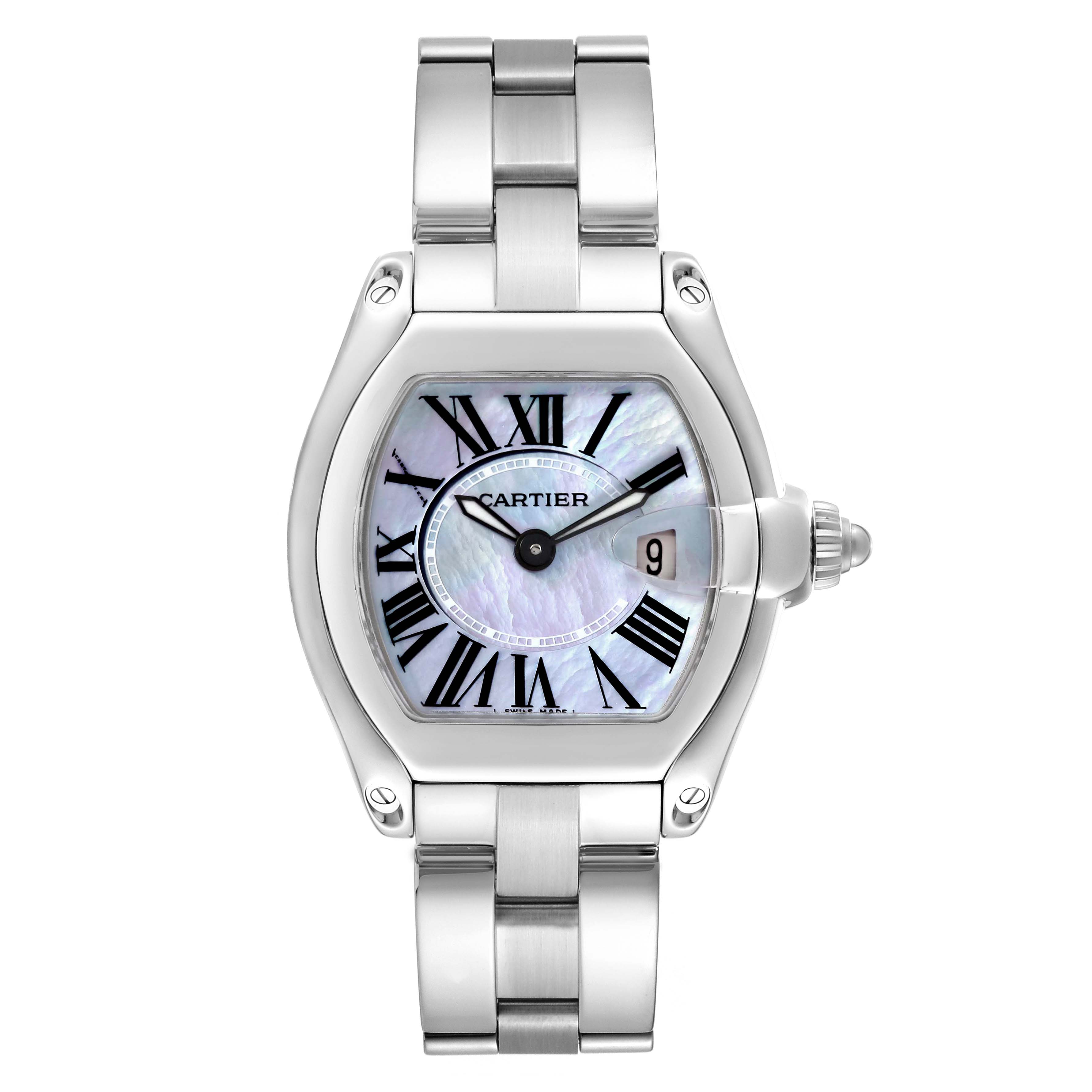 The Cartier Roadster W6206007 Women
s Stainless Steel Mother of Pearl Dial W6206007 Women
s Stainless Steel Mother of Pearl Dial watch is shown from a direct top view, displaying the face, bezel, and bracelet.