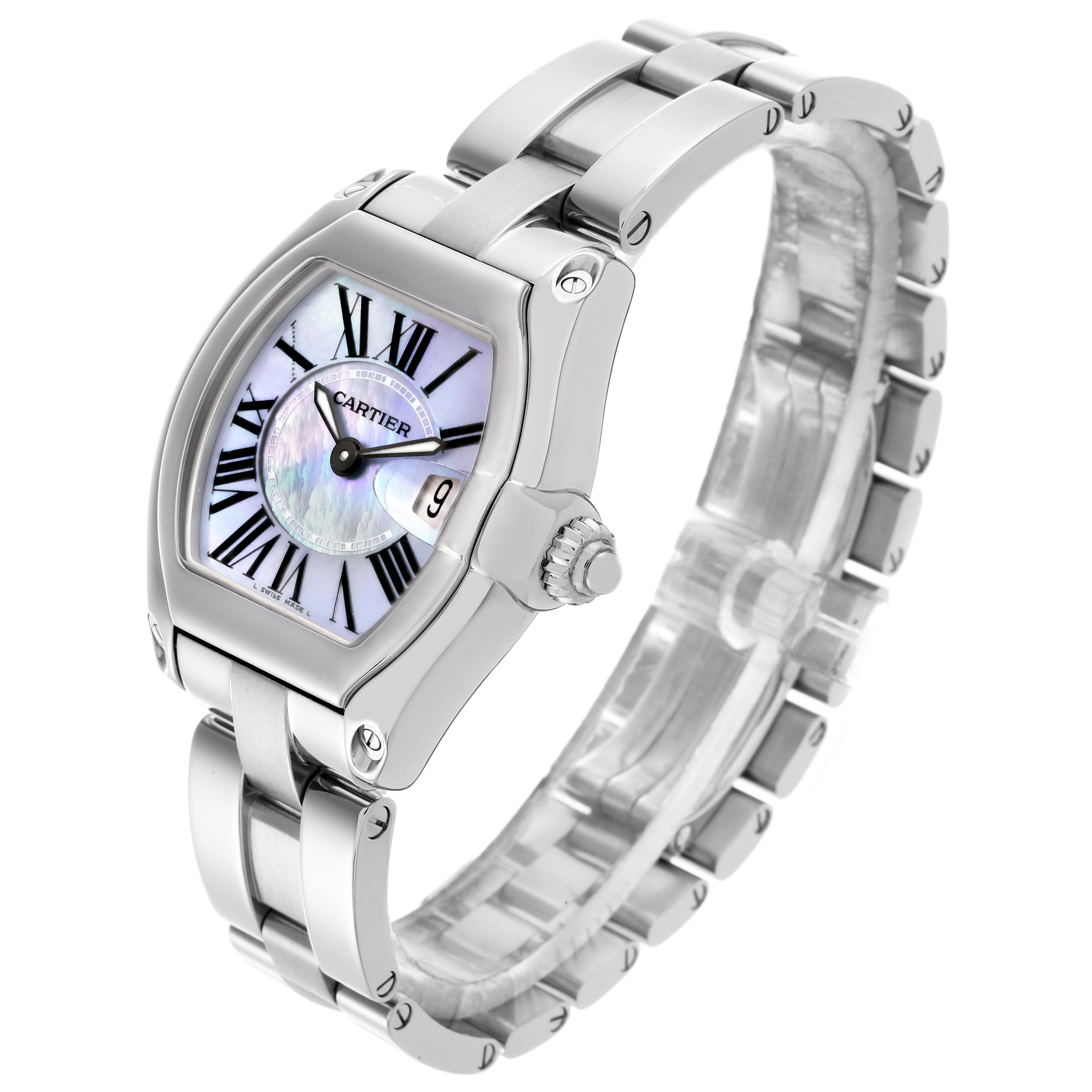 The Cartier Roadster W6206007 Women
s Stainless Steel Mother of Pearl Dial W6206007 Women
s Stainless Steel Mother of Pearl Dial watch is shown at a three-quarter angle, highlighting the dial, crown, and bracelet.