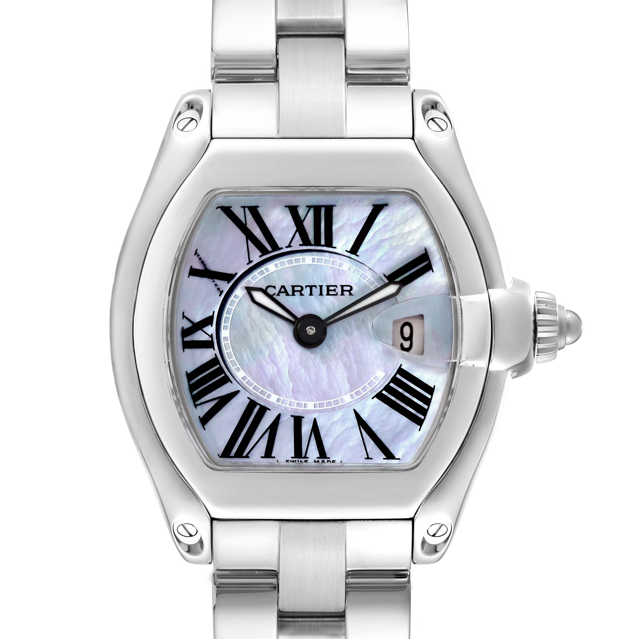 The Cartier Roadster W6206007 Women
s Stainless Steel Mother of Pearl Dial W6206007 Women
s Stainless Steel Mother of Pearl Dial watch is shown from a top-down angle, displaying the face, dial, hands, and part of the bracelet.