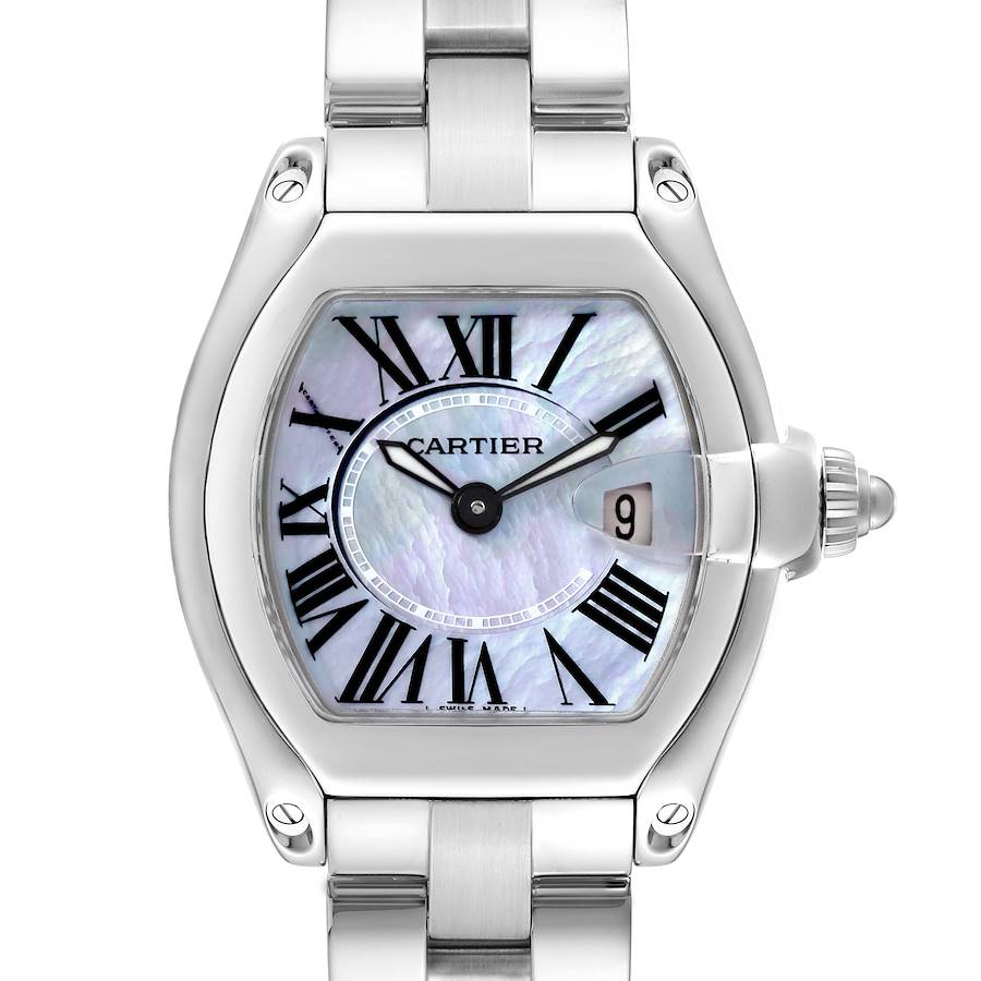 The Cartier Roadster watch is shown from a top-down angle, displaying the face, dial, hands, and part of the bracelet.