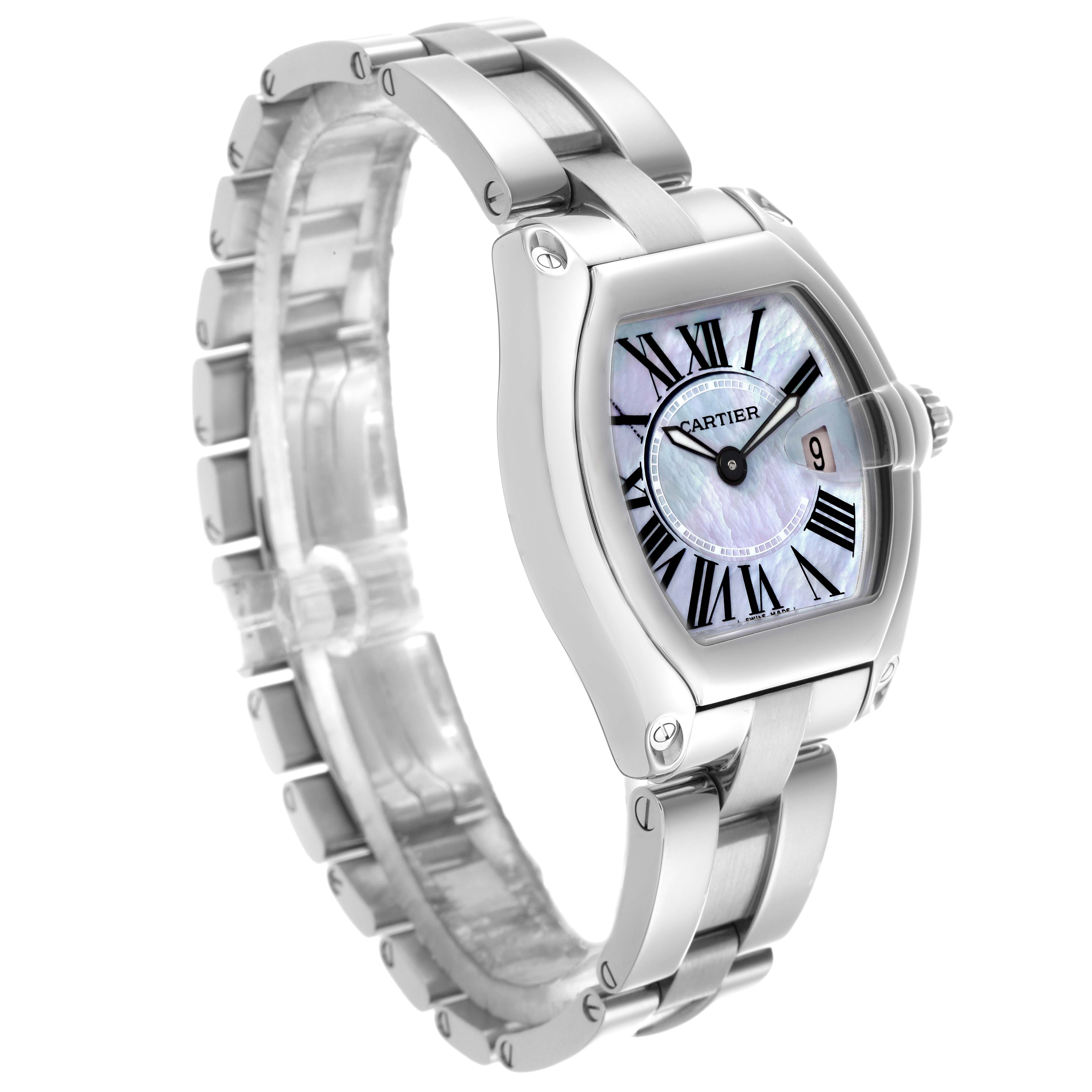 The Cartier Roadster W6206007 Women
s Stainless Steel Mother of Pearl Dial W6206007 Women
s Stainless Steel Mother of Pearl Dial watch is shown at an angled view, displaying the face, side, and part of the bracelet.