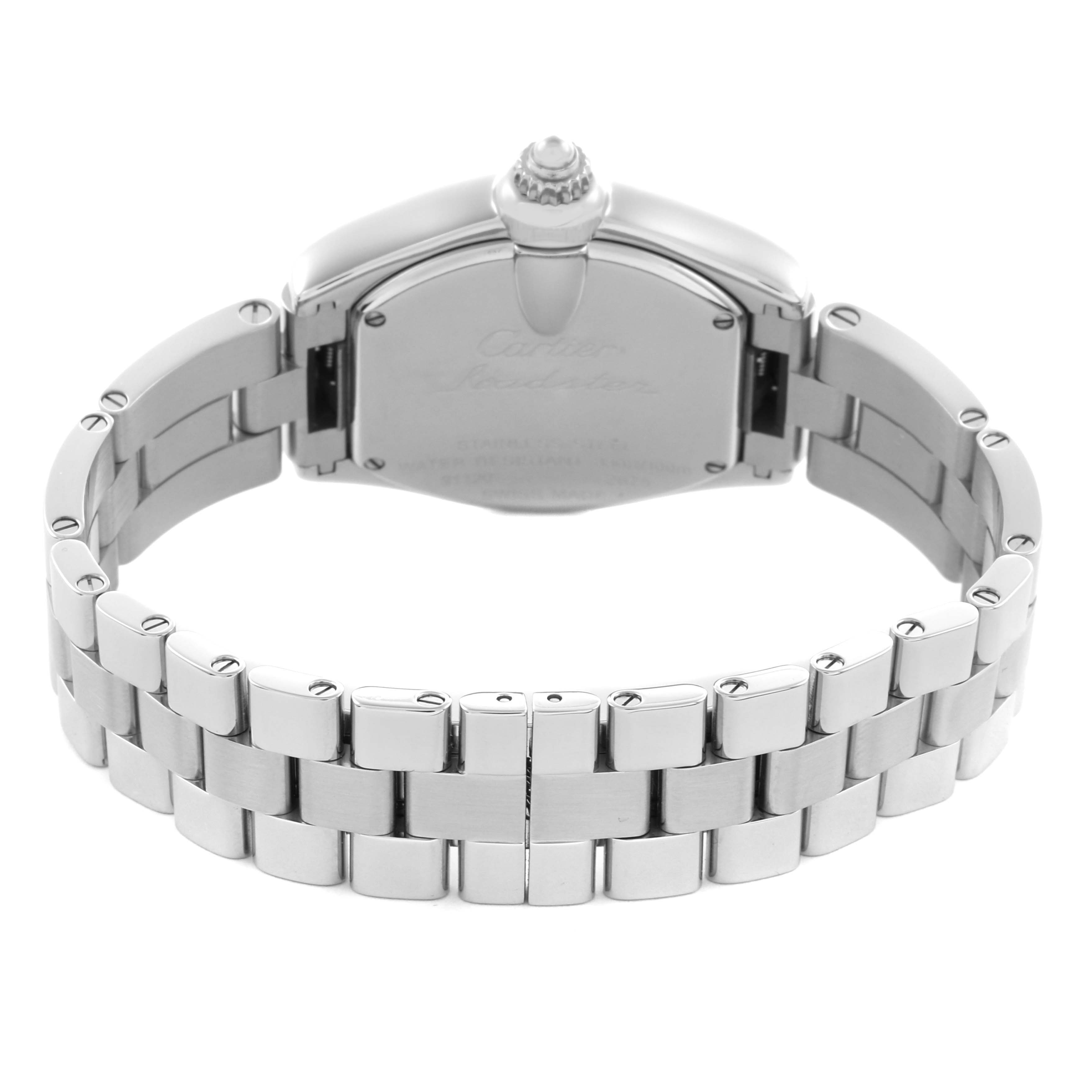 The image shows the rear view of a Cartier Roadster W6206007 Women
s Stainless Steel Mother of Pearl Dial W6206007 Women
s Stainless Steel Mother of Pearl Dial watch, highlighting its stainless steel bracelet and clasp.
