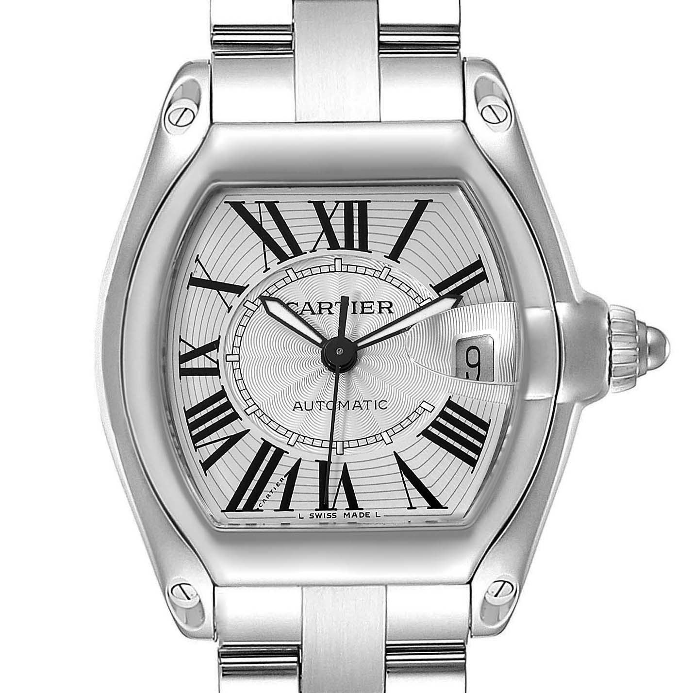 The image shows a frontal view of the Cartier Roadster W62025V3 Men
s Stainless Steel Silver Dial W62025V3 Men
s Stainless Steel Silver Dial watch, highlighting the face, bezel, and part of the bracelet.