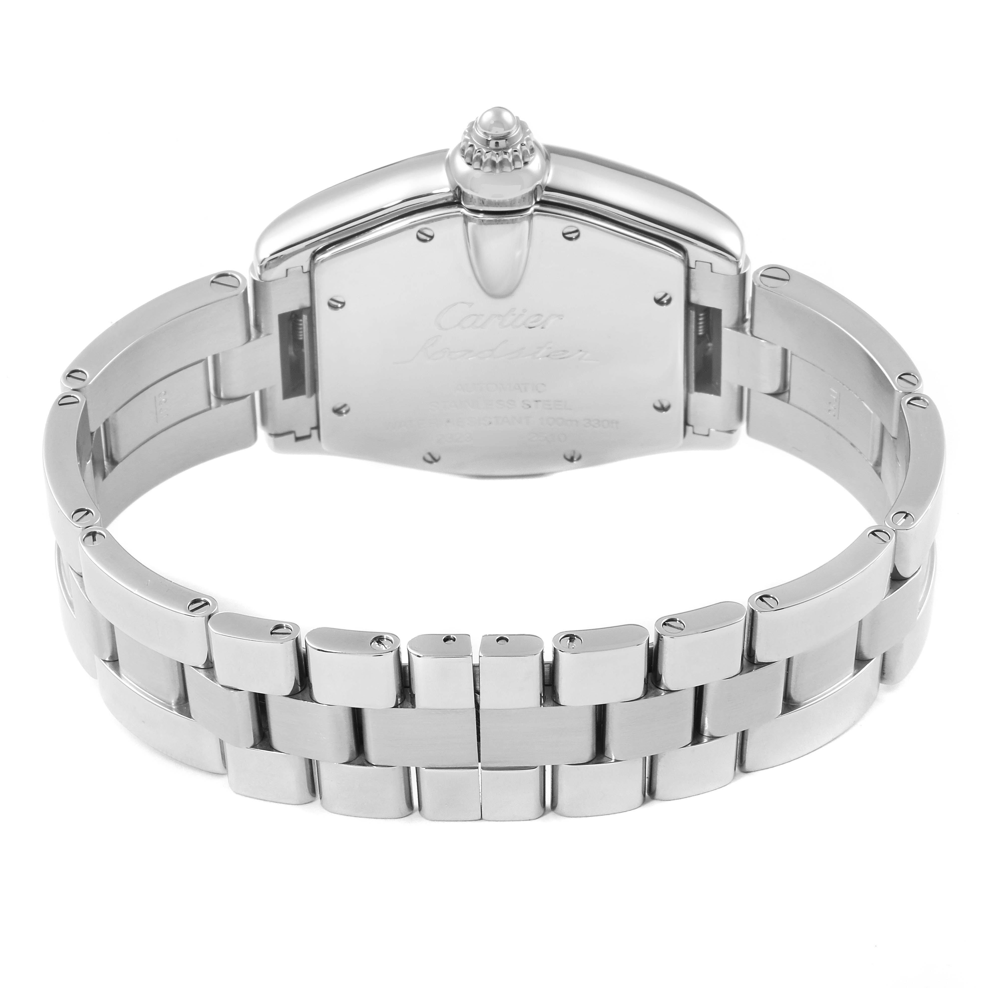 The image shows the back view of the Cartier Roadster W62025V3 Men
s Stainless Steel Silver Dial W62025V3 Men
s Stainless Steel Silver Dial watch, highlighting the clasp and part of the stainless steel bracelet.
