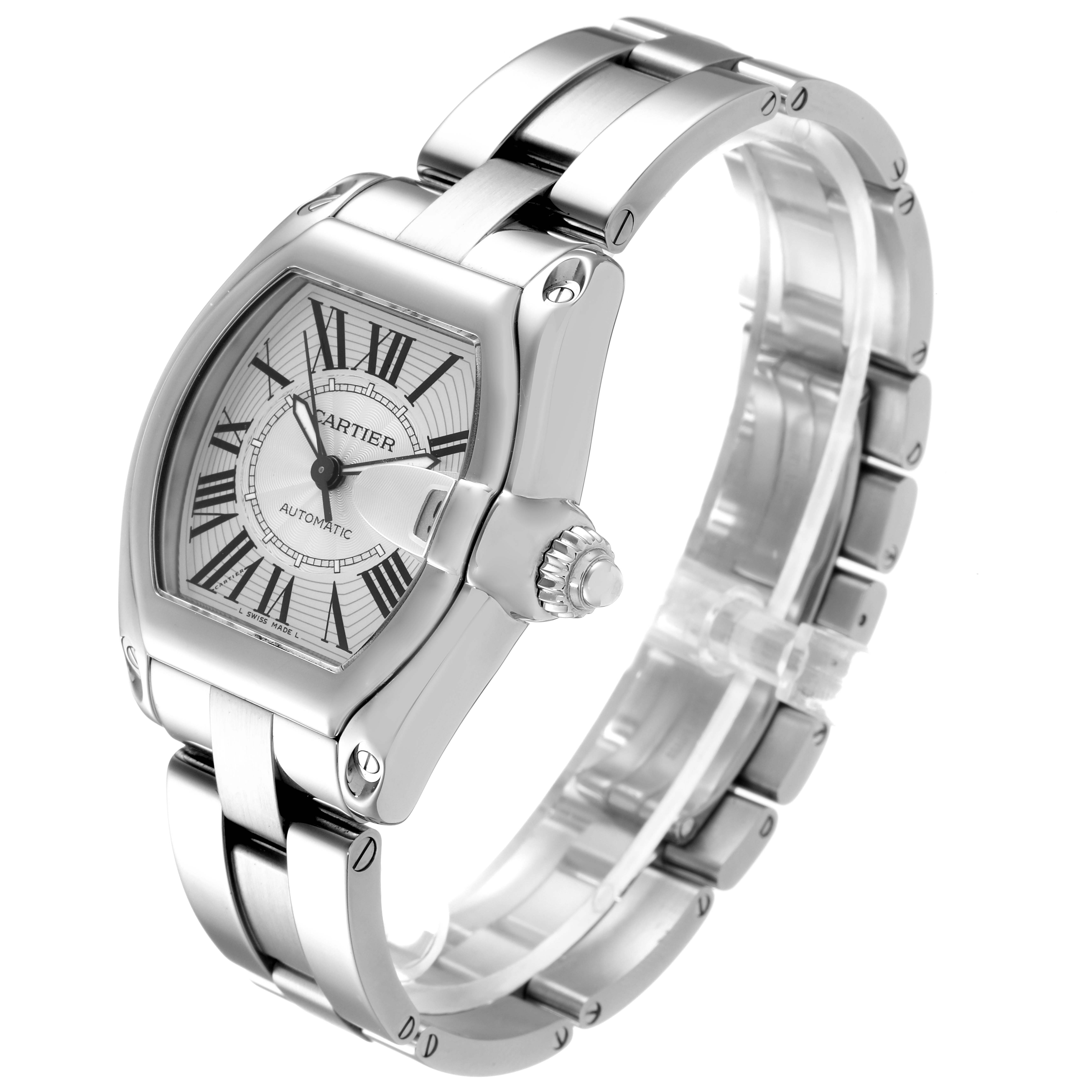 This is a Cartier Roadster W62025V3 Men
s Stainless Steel Silver Dial W62025V3 Men
s Stainless Steel Silver Dial watch shown at a three-quarter angle, displaying its face, crown, and bracelet.