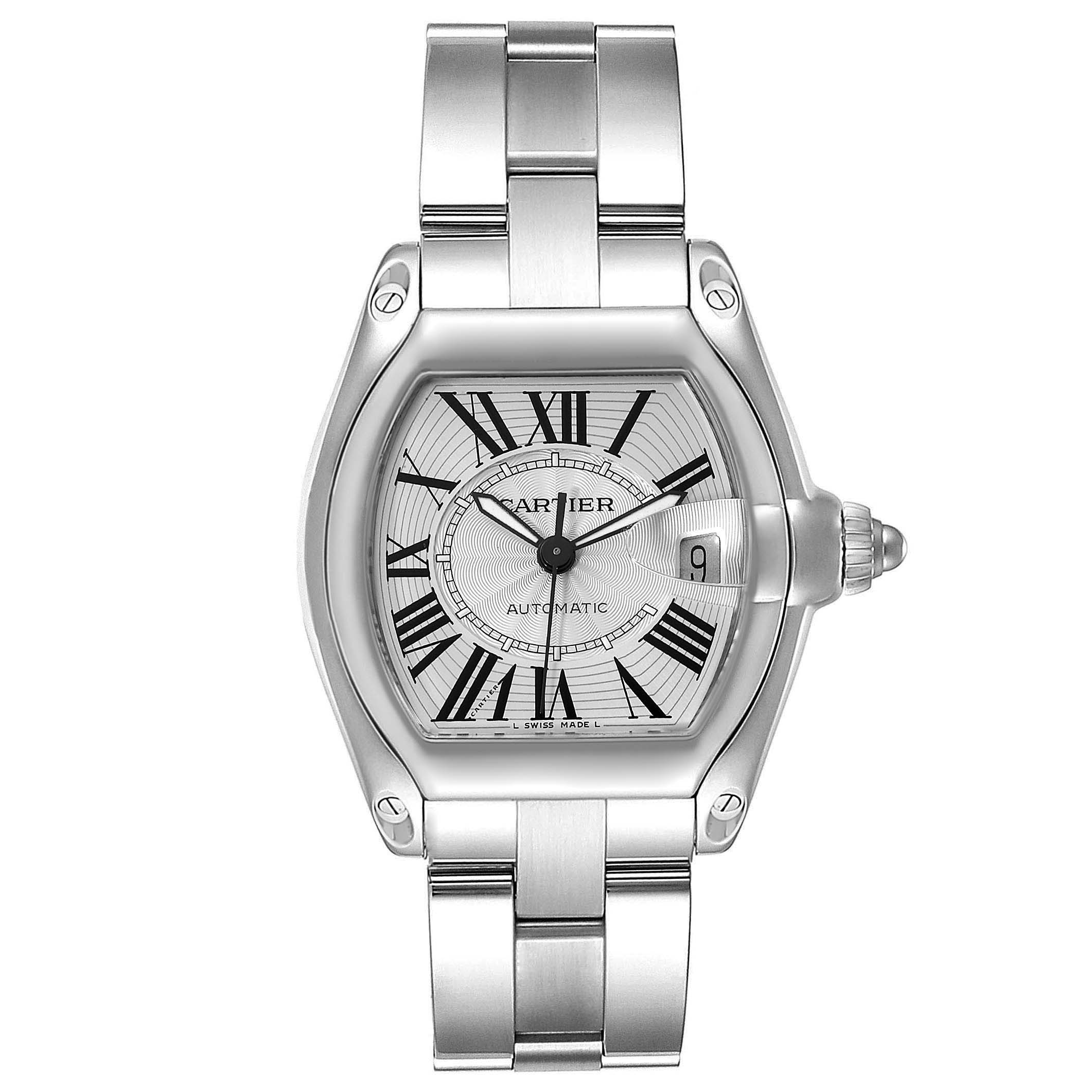 This image shows a frontal view of the Cartier Roadster W62025V3 Men
s Stainless Steel Silver Dial W62025V3 Men
s Stainless Steel Silver Dial watch, highlighting its dial, bracelet, and crown.