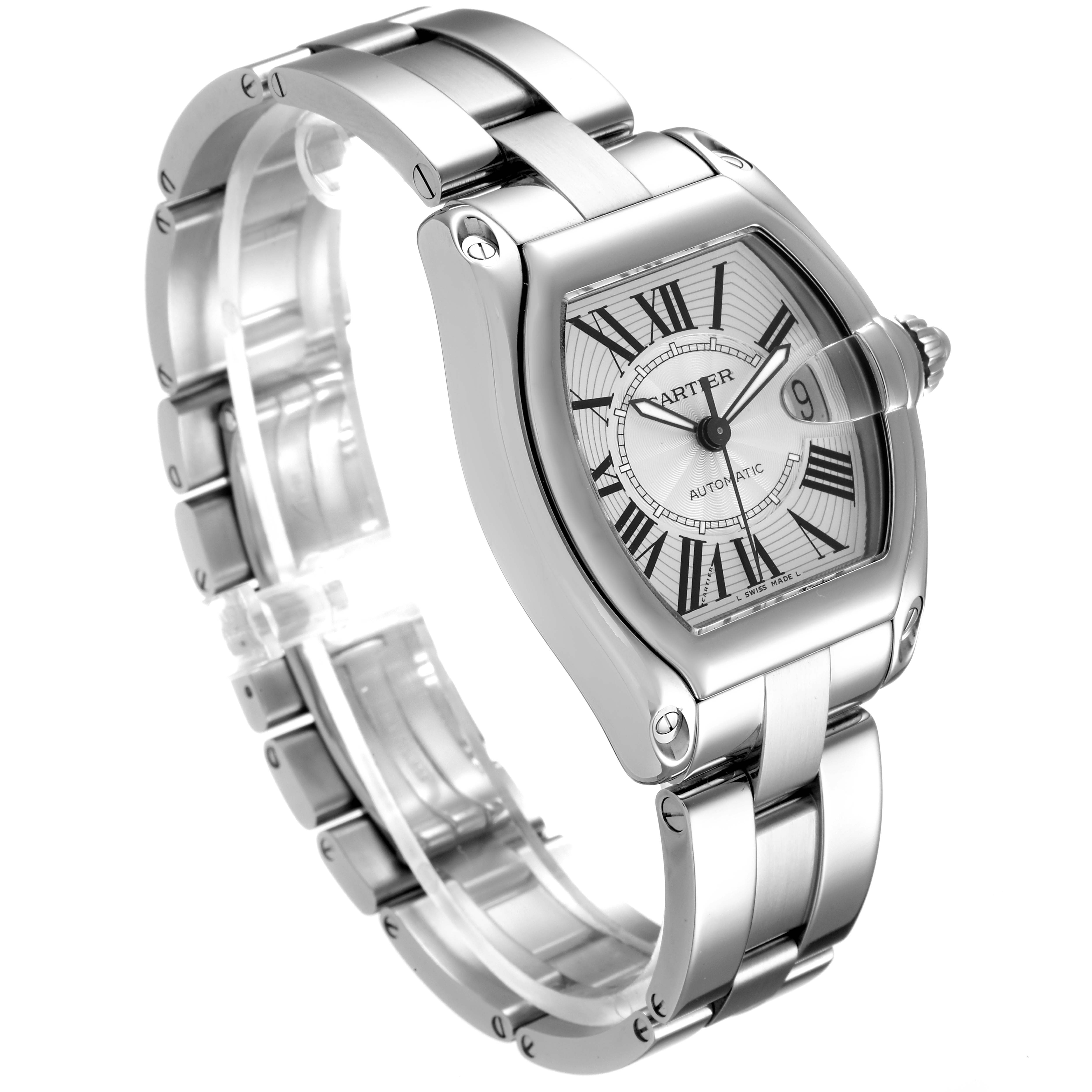 The image shows a Cartier Roadster W62025V3 Men
s Stainless Steel Silver Dial W62025V3 Men
s Stainless Steel Silver Dial watch at a three-quarter angle, highlighting the face, bezel, bracelet, and crown.