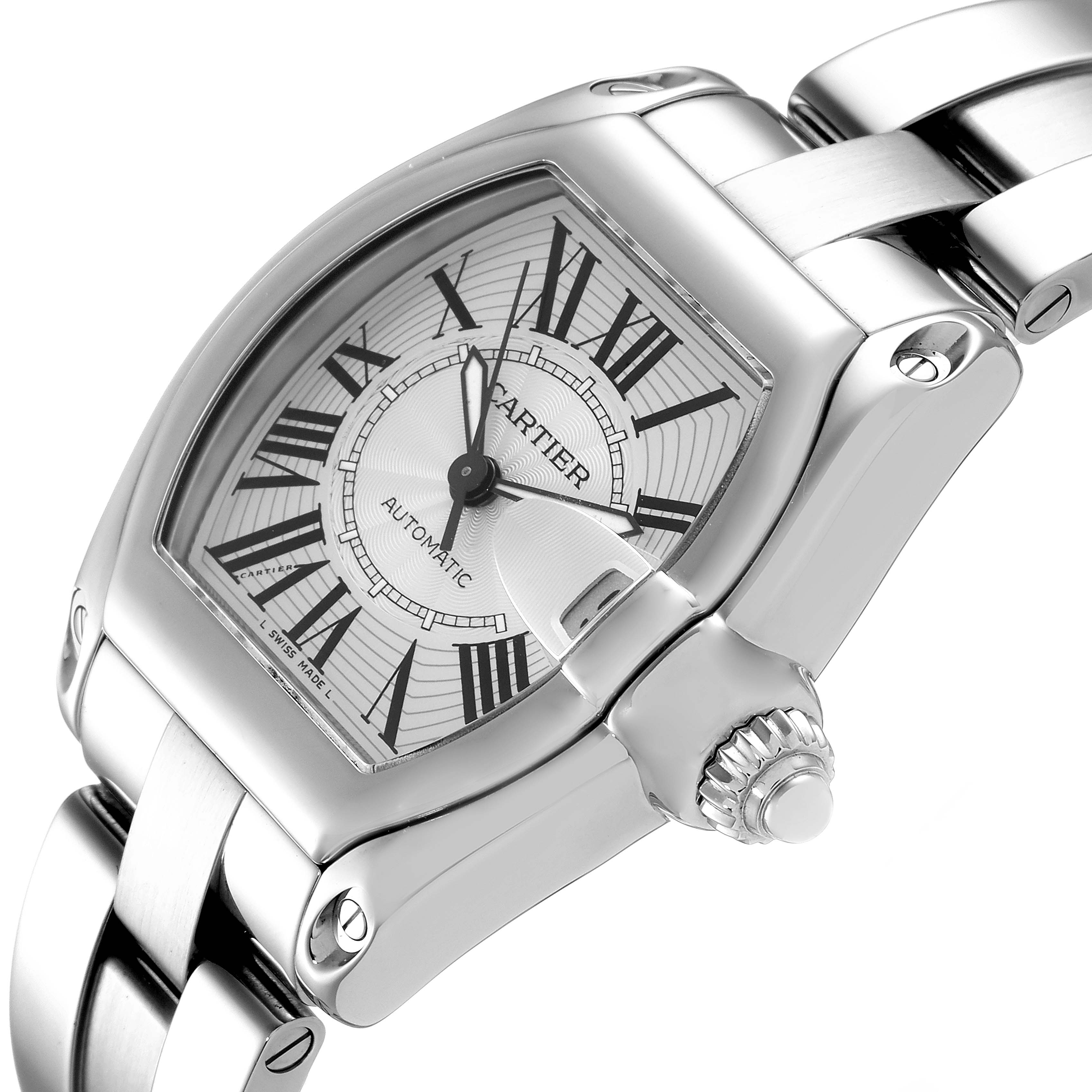 The image shows a close-up angle of a Cartier Roadster W62025V3 Men
s Stainless Steel Silver Dial W62025V3 Men
s Stainless Steel Silver Dial watch, highlighting the dial, crown, and part of the bracelet.