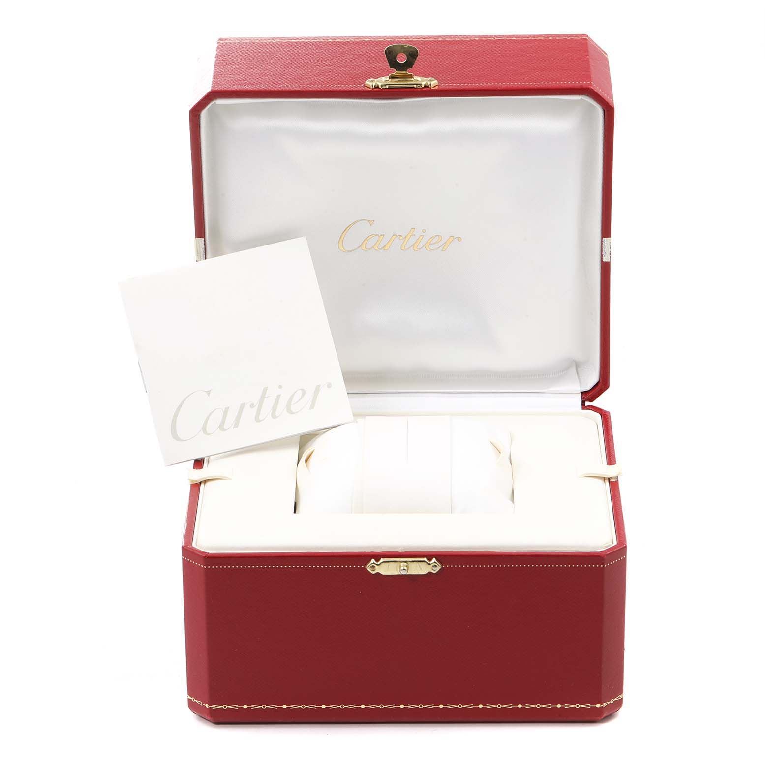 The image shows the open red case, cushion, and booklet for the Cartier Roadster W62025V3 Men
s Stainless Steel Silver Dial W62025V3 Men
s Stainless Steel Silver Dial watch.