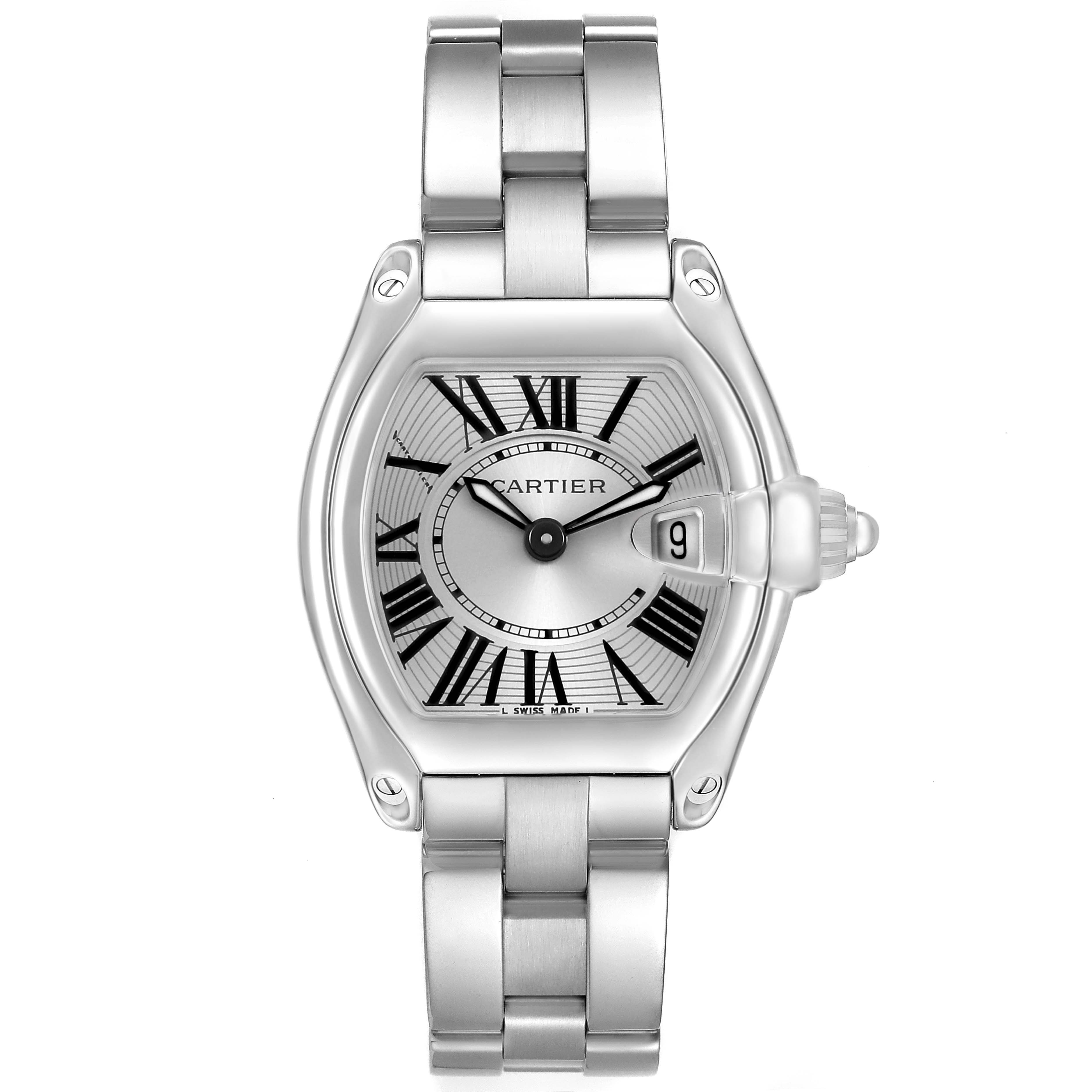 The Cartier Roadster W62016V3 Women's Stainless Steel Silver Dial watch is shown from a top-down angle, displaying the face, Roman numerals, bracelet, and prominent crown.