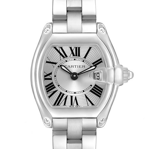 The Cartier Roadster W62016V3 Women's Stainless Steel Silver Dial watch is shown from the front, highlighting the case, dial, and bracelet with Roman numerals and a date window.