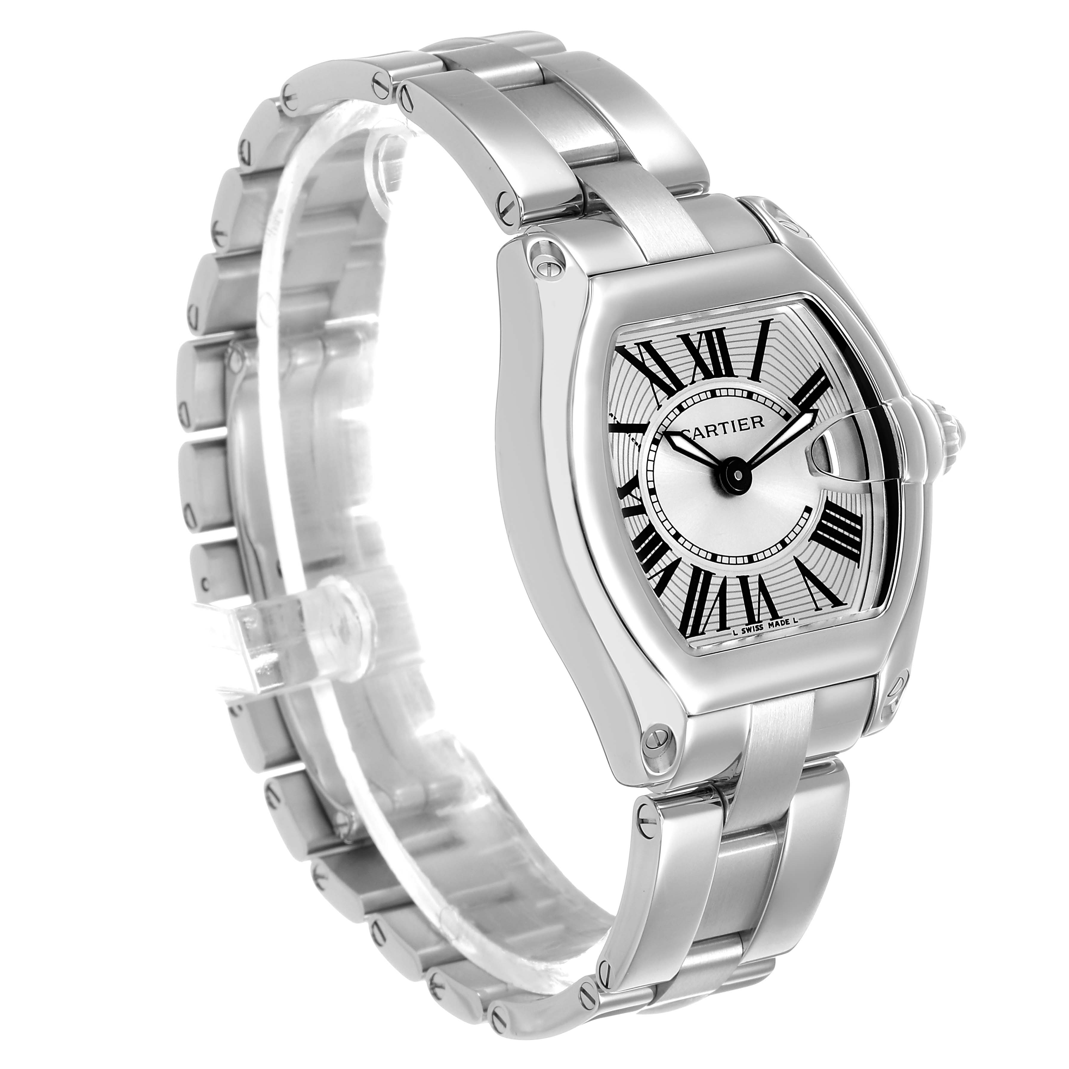 The Cartier Roadster W62016V3 Women's Stainless Steel Silver Dial watch is shown at a three-quarter angle, highlighting the face, crown, and stainless steel bracelet.