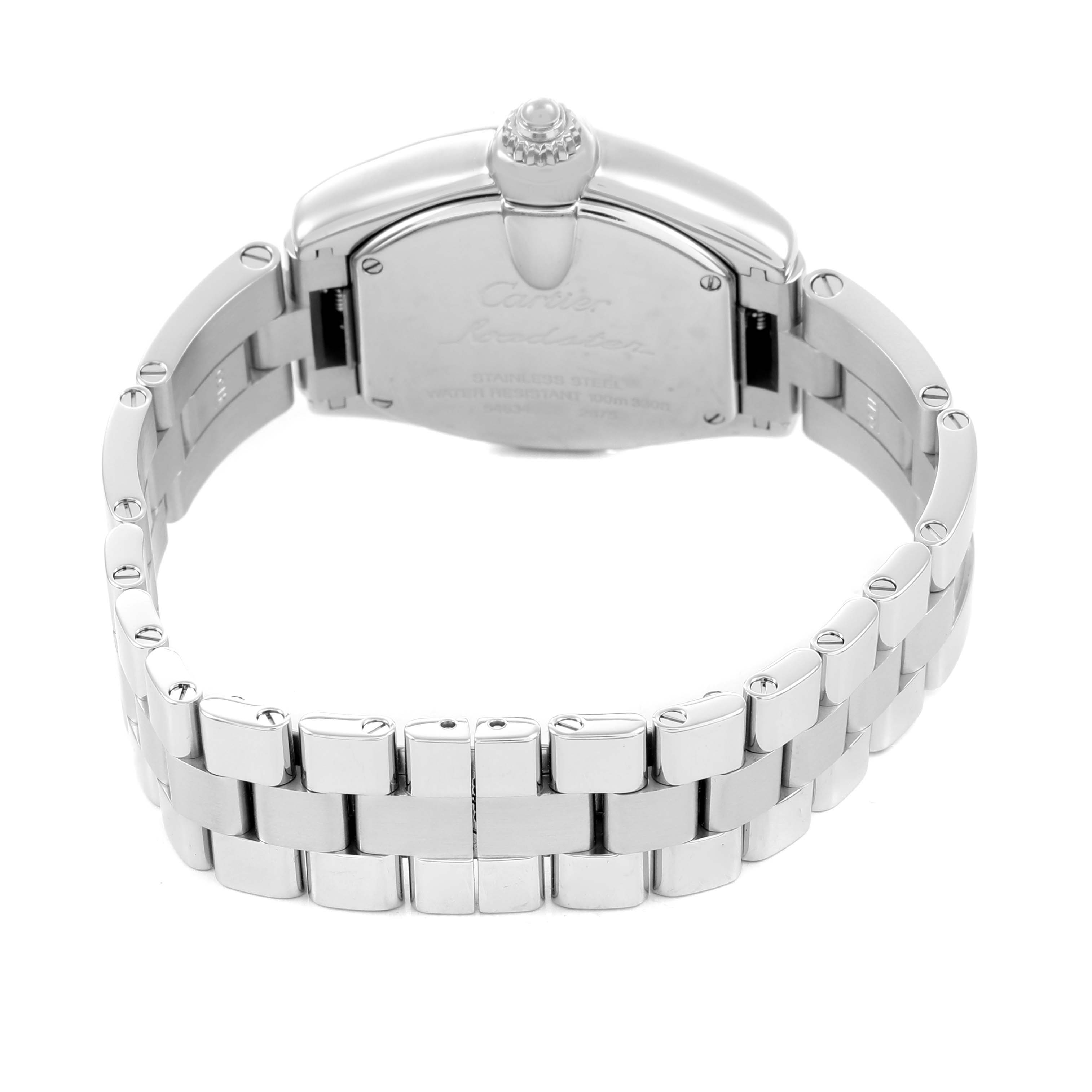 The image shows the back view of a Cartier Roadster W62016V3 Women's Stainless Steel Silver Dial watch, highlighting the back case and bracelet.